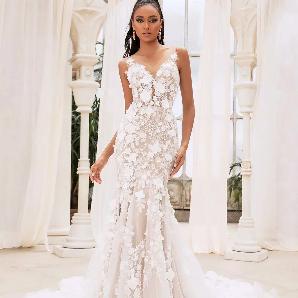 knee length dresses for ladies Modest Long Sleeve High-Neck A-Line Lace Wedding Gown – HAREM's Brides