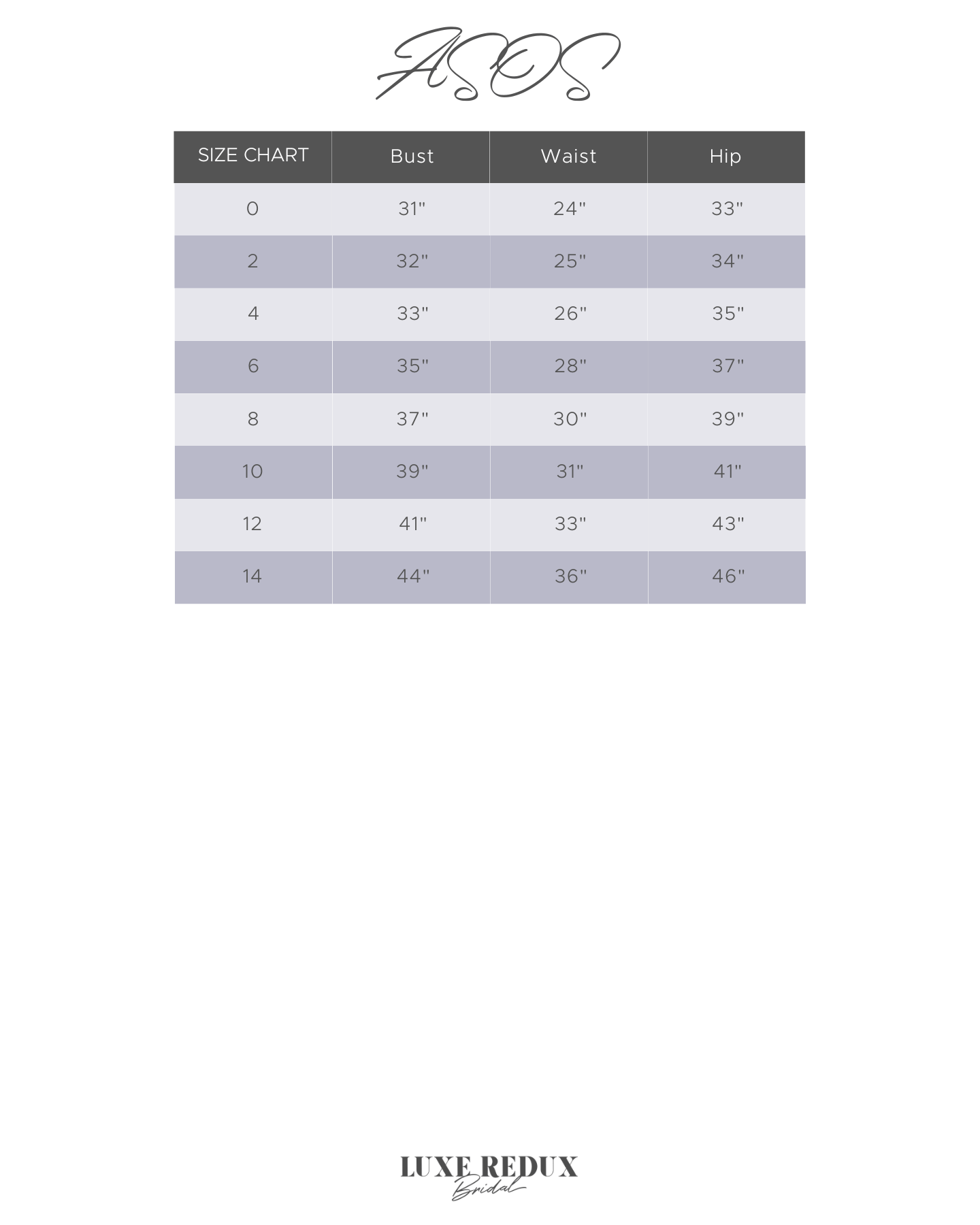 ASOS Valerie Size Chart
