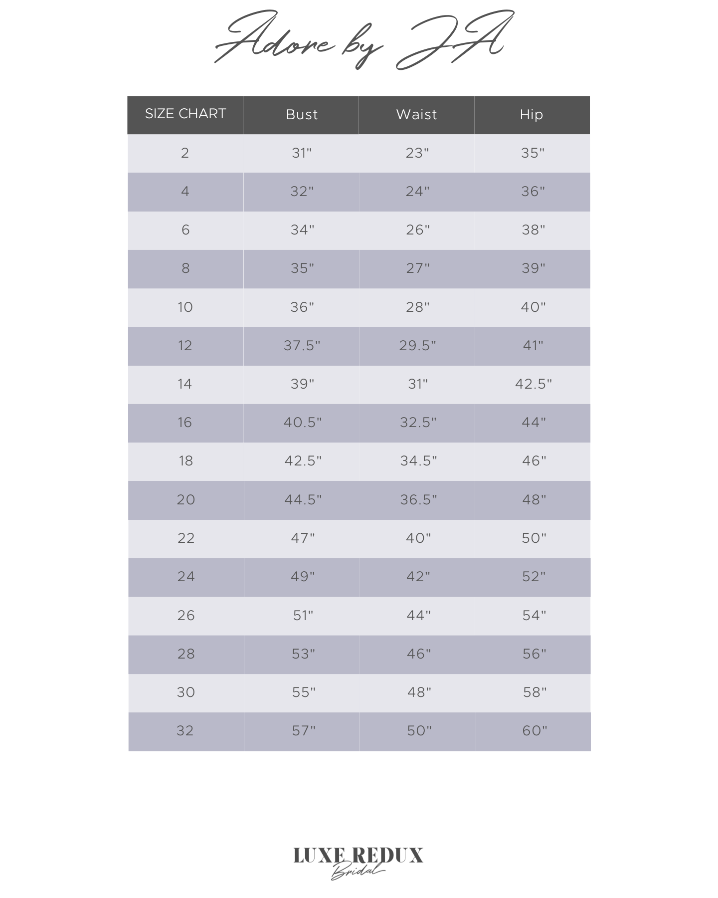 Adore by Justin Alexander 11145 - Size 10 Size Chart