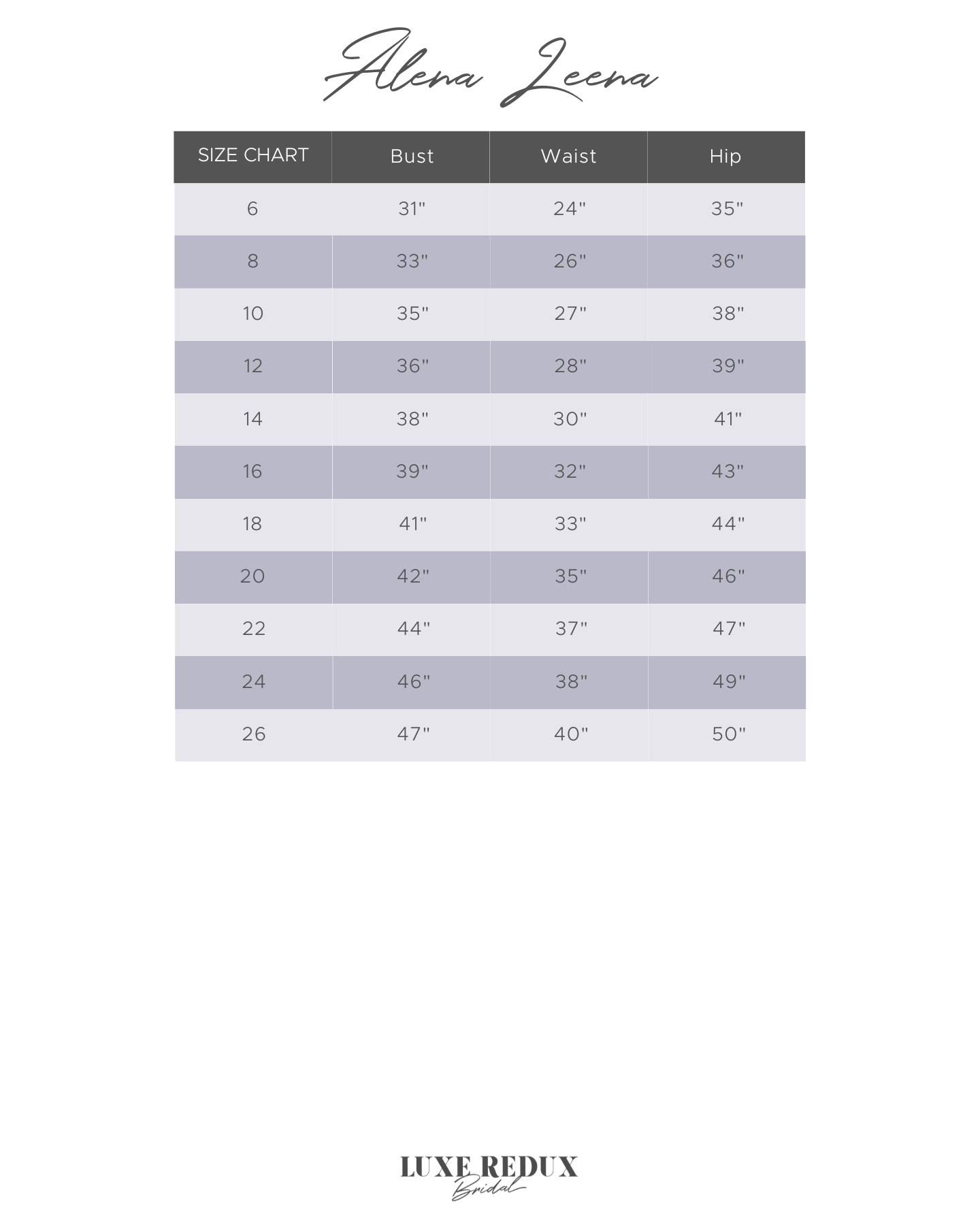 Alena Leena Linnea - Size 14 Size Chart