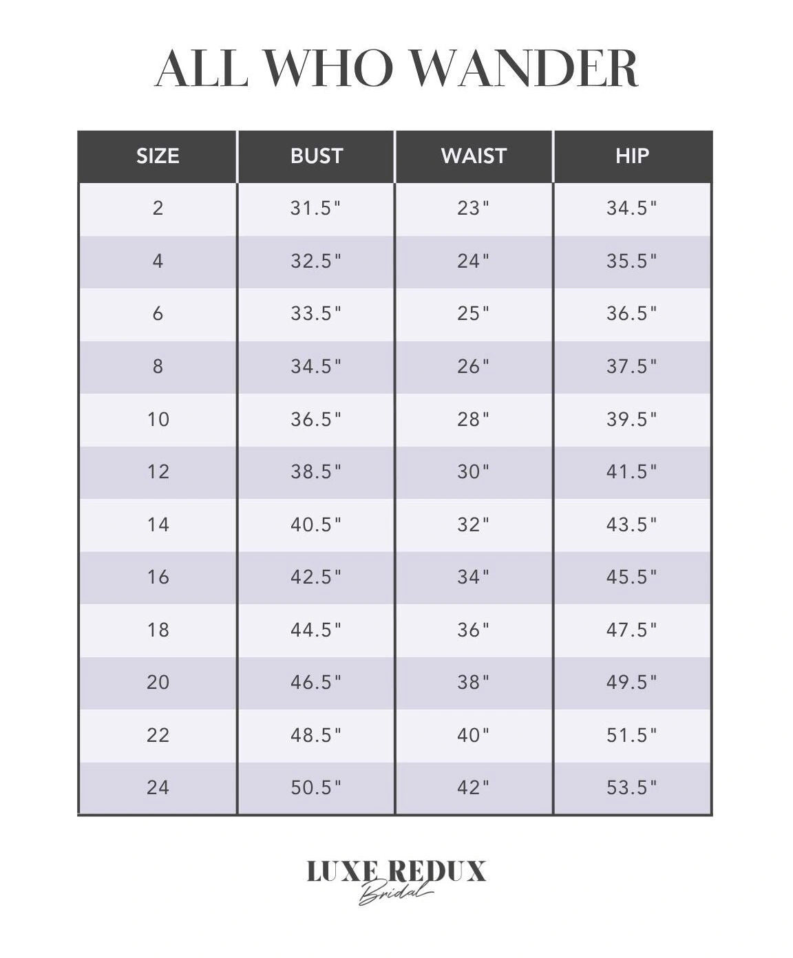 All Who Wander Cece - Size 16 Size Chart