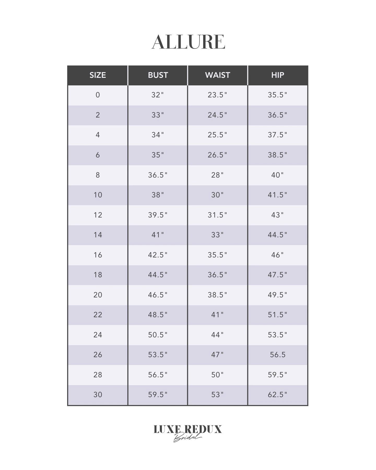 Allure D410 - Size 20 Size Chart