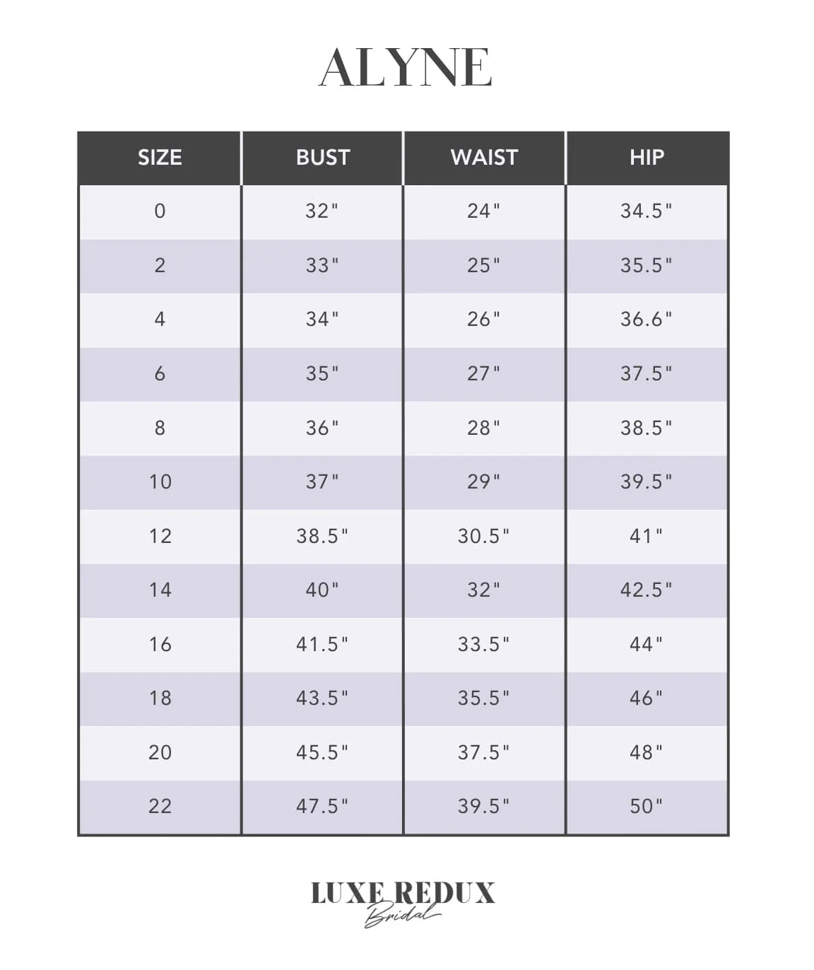 Alyne Melody - Size 12 Size Chart