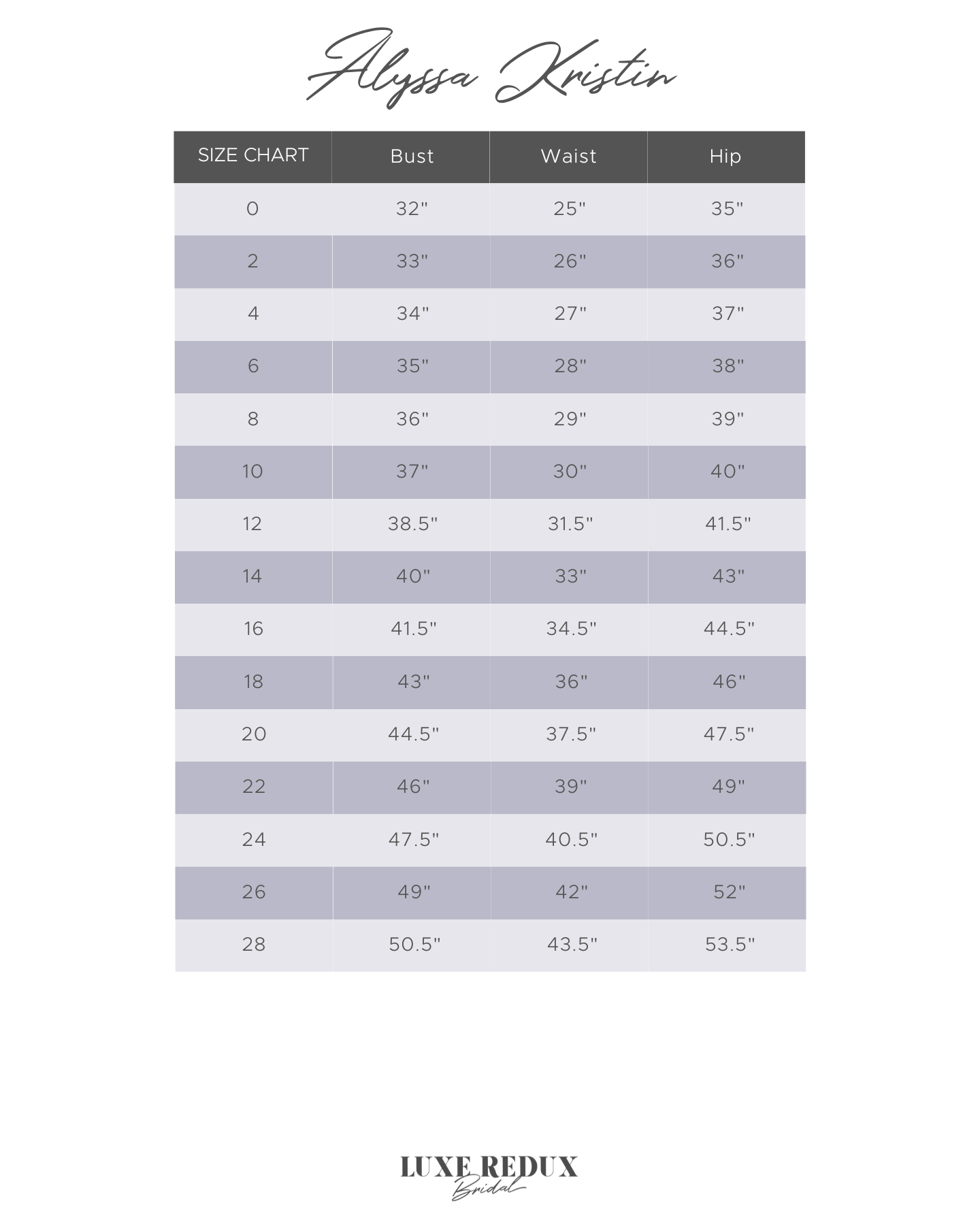 Alyssa Kristin Gigi - Size 16 Size Chart