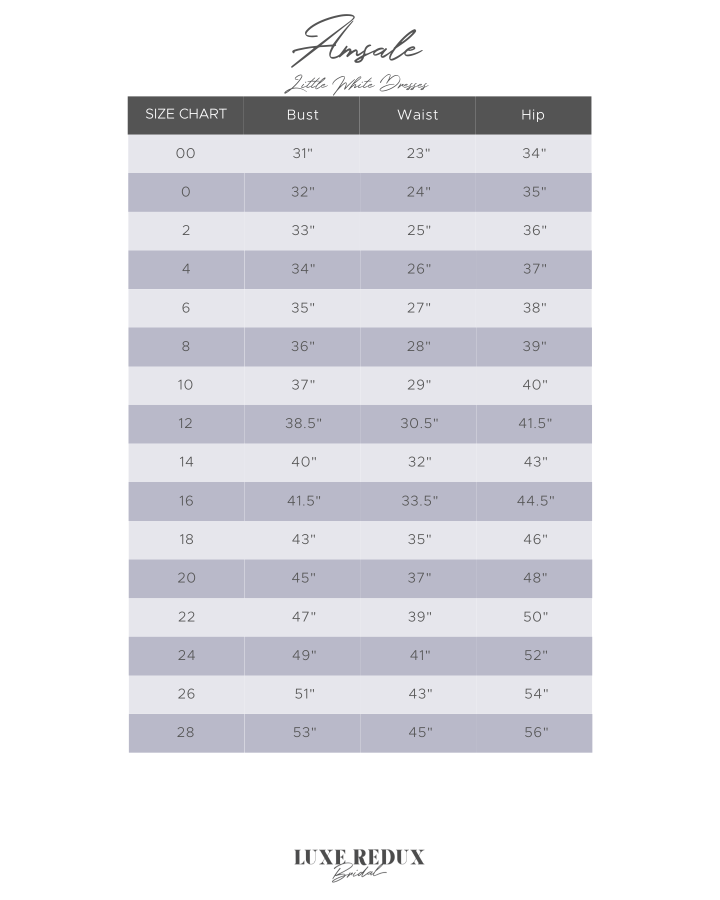 Amsale LW134 - Size 10 Size Chart