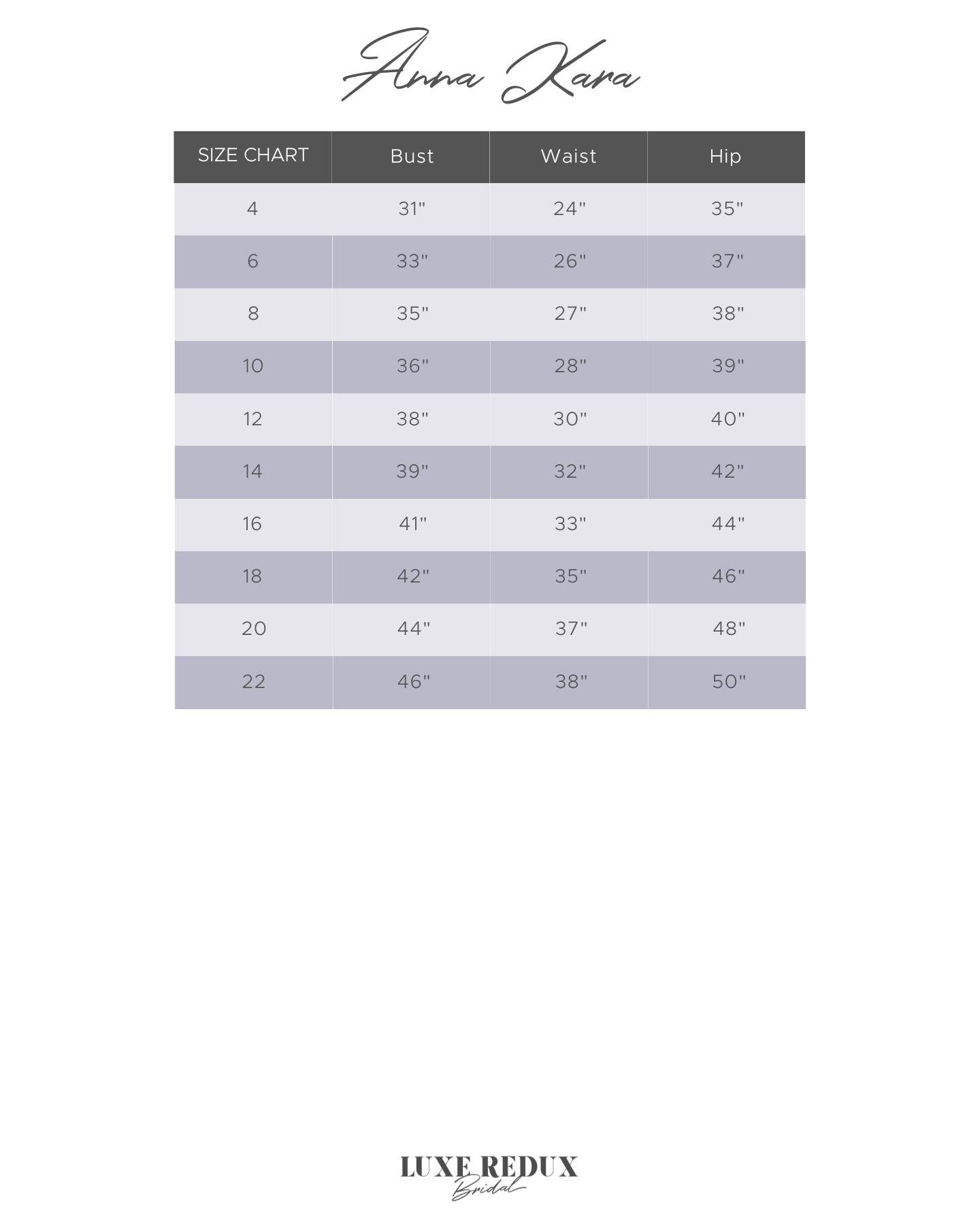 Anna Kara Ivar - Size 6 Size Chart