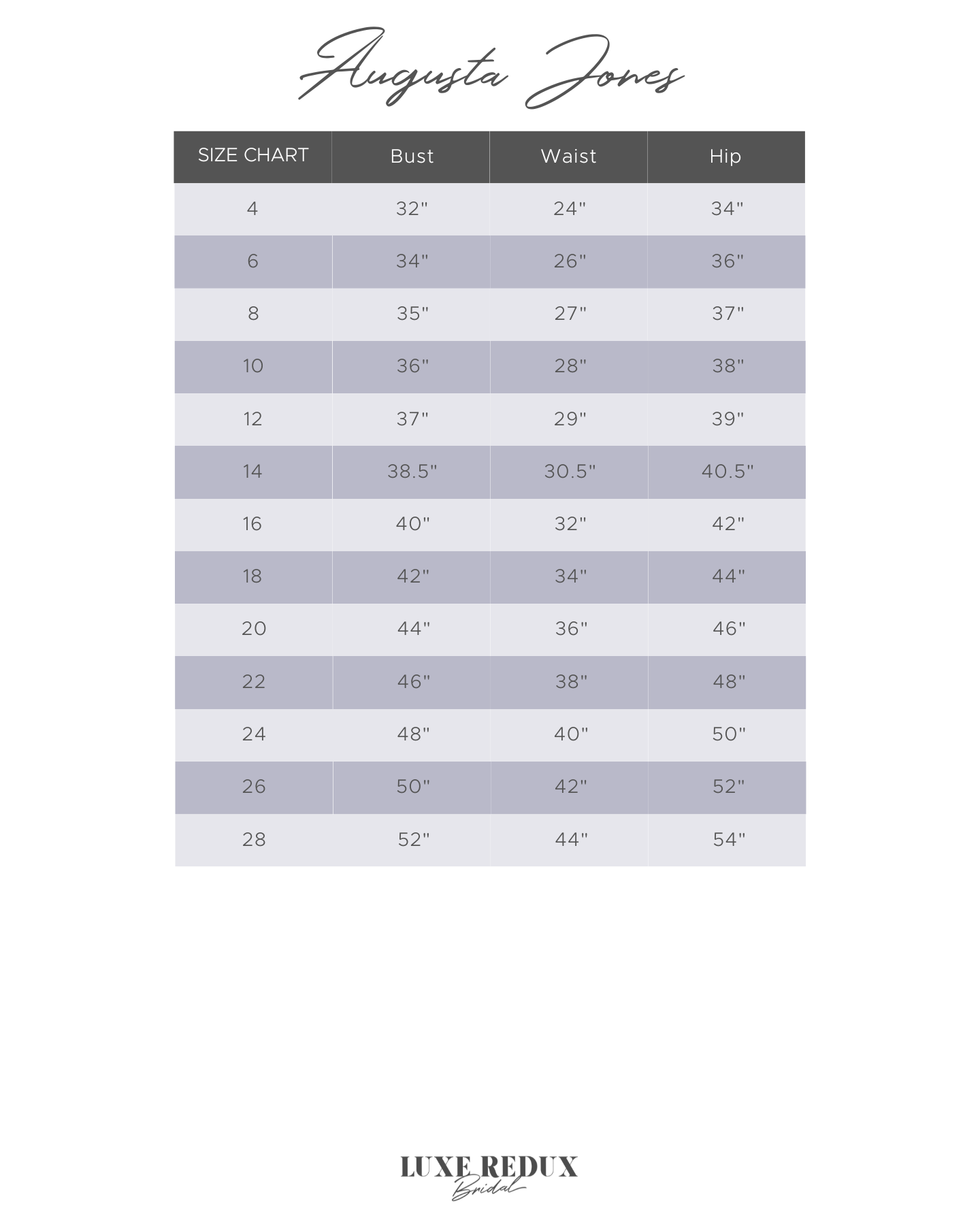 Augusta Jones Anna - Size 14 Size Chart