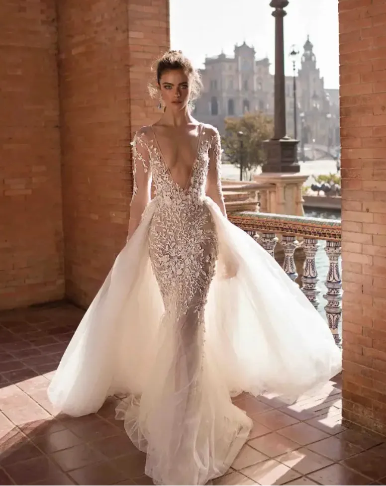 berta long sleeve wedding dress 18-116 + Overskirt Plus Size Empire Waist and the silhouette is Missy: M Colore:Terracotta