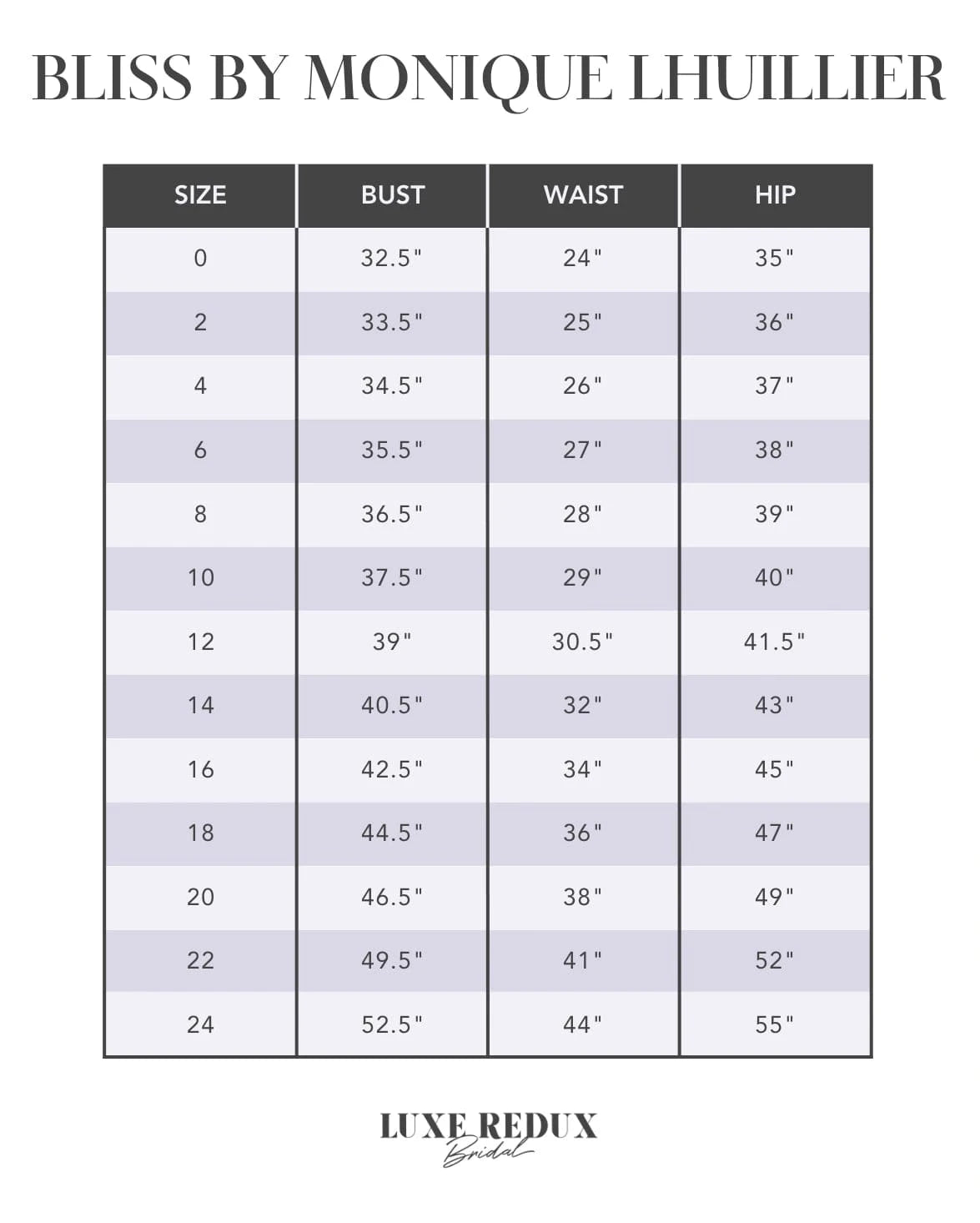 Bliss by Monique Lhuillier BL21112 - Size 10 Size Chart