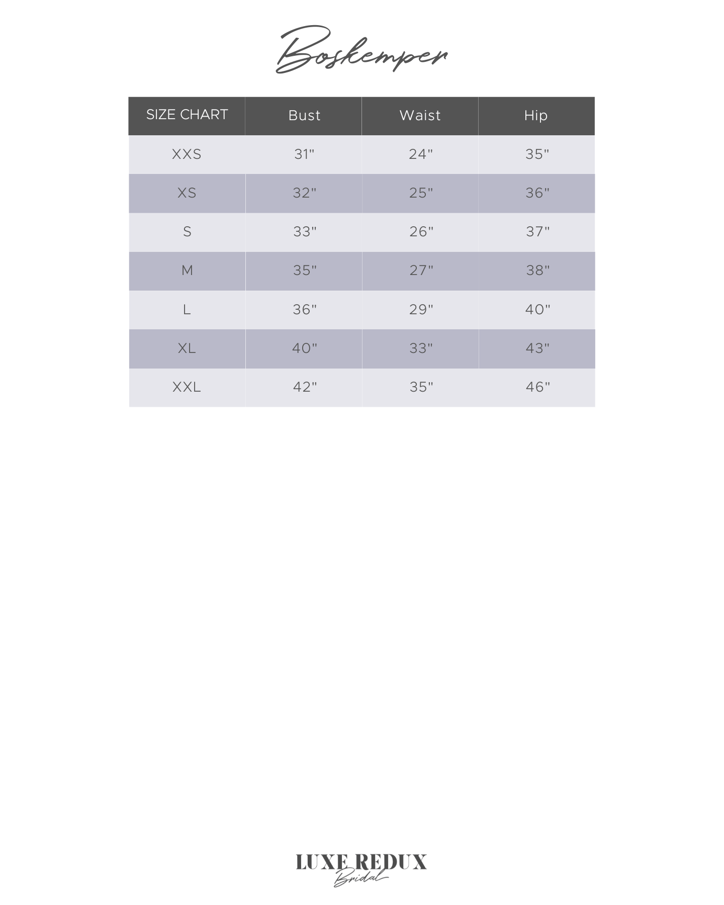 Boskemper Ariel - Size Medium Size Chart