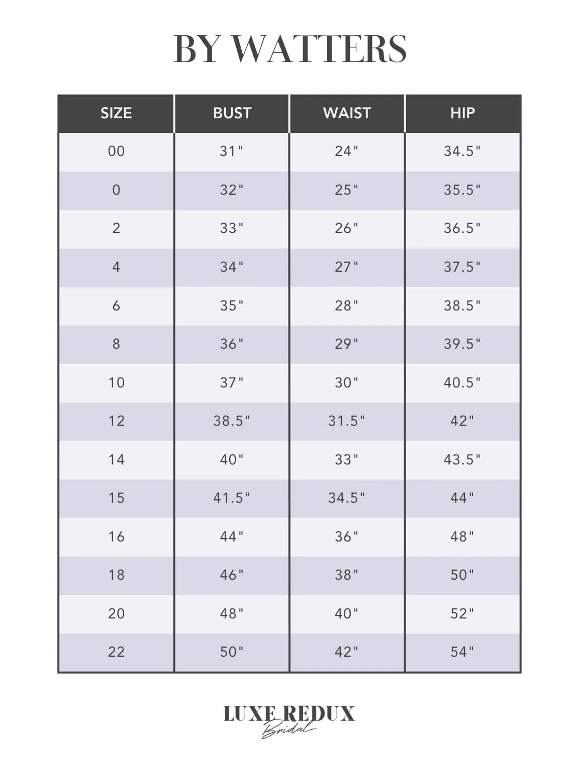 By Watters Radical - Size 12 Size Chart