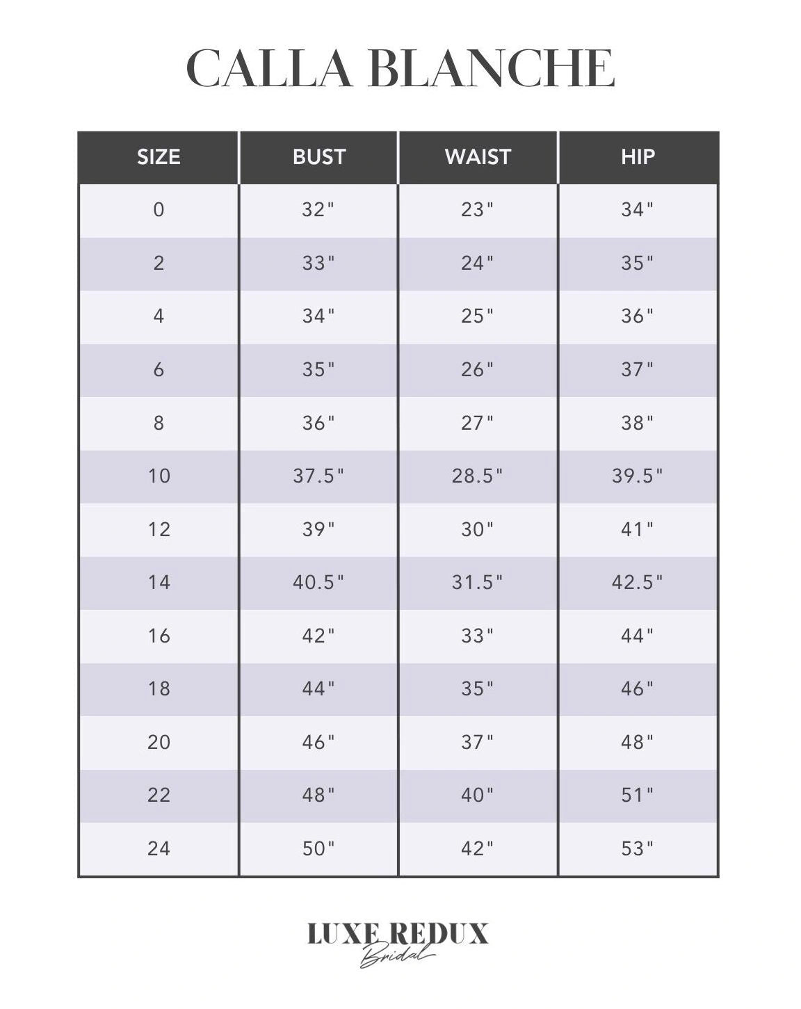 Calla Blanche Jill - Size 12 Size Chart
