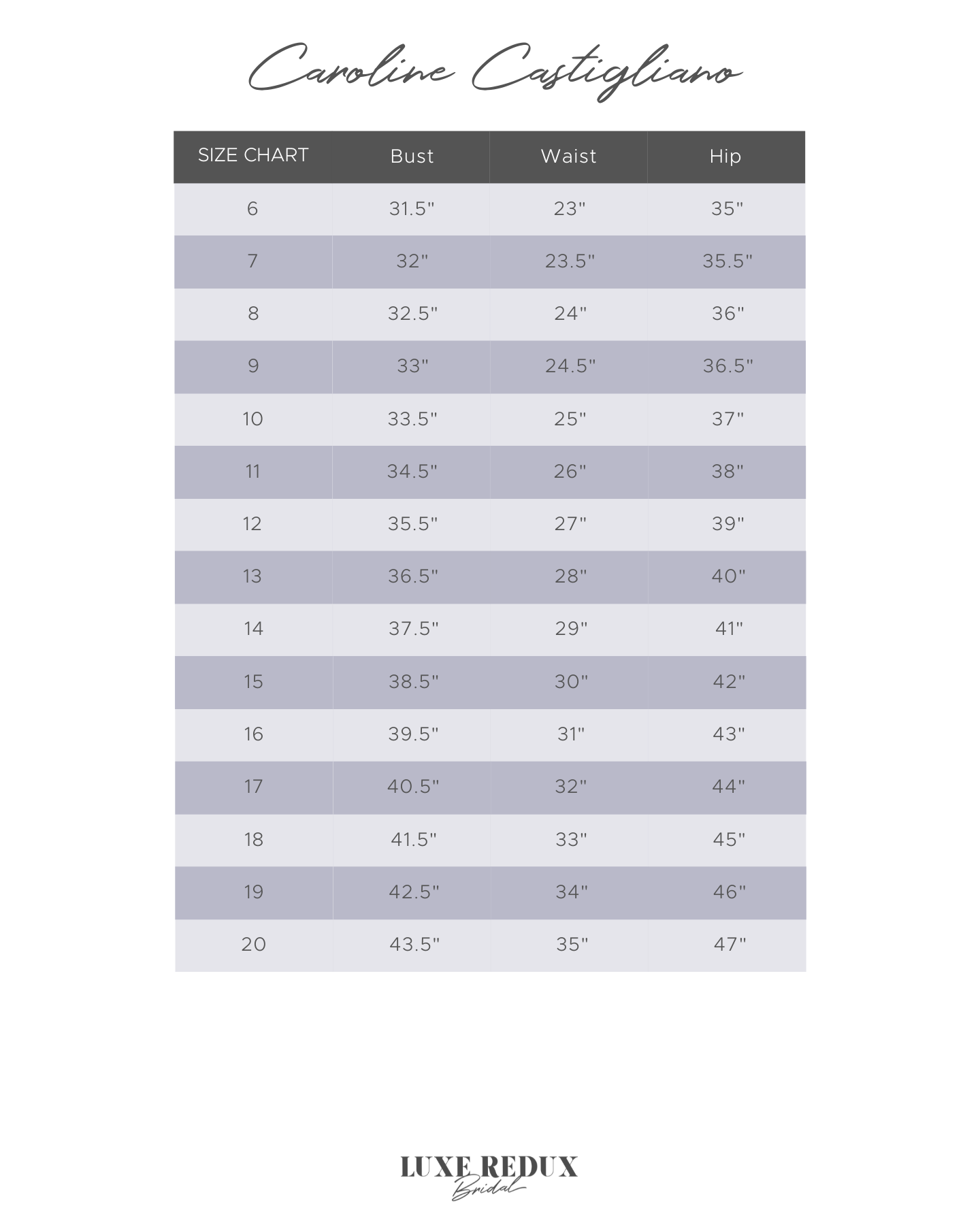 Caroline Castigliano Skye - Size 14 Size Chart