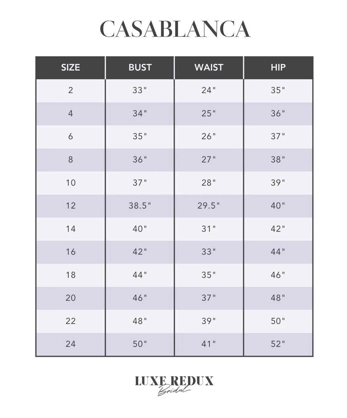 Casablanca 2444 Rebekah + Overskirt - Size 12 Size Chart
