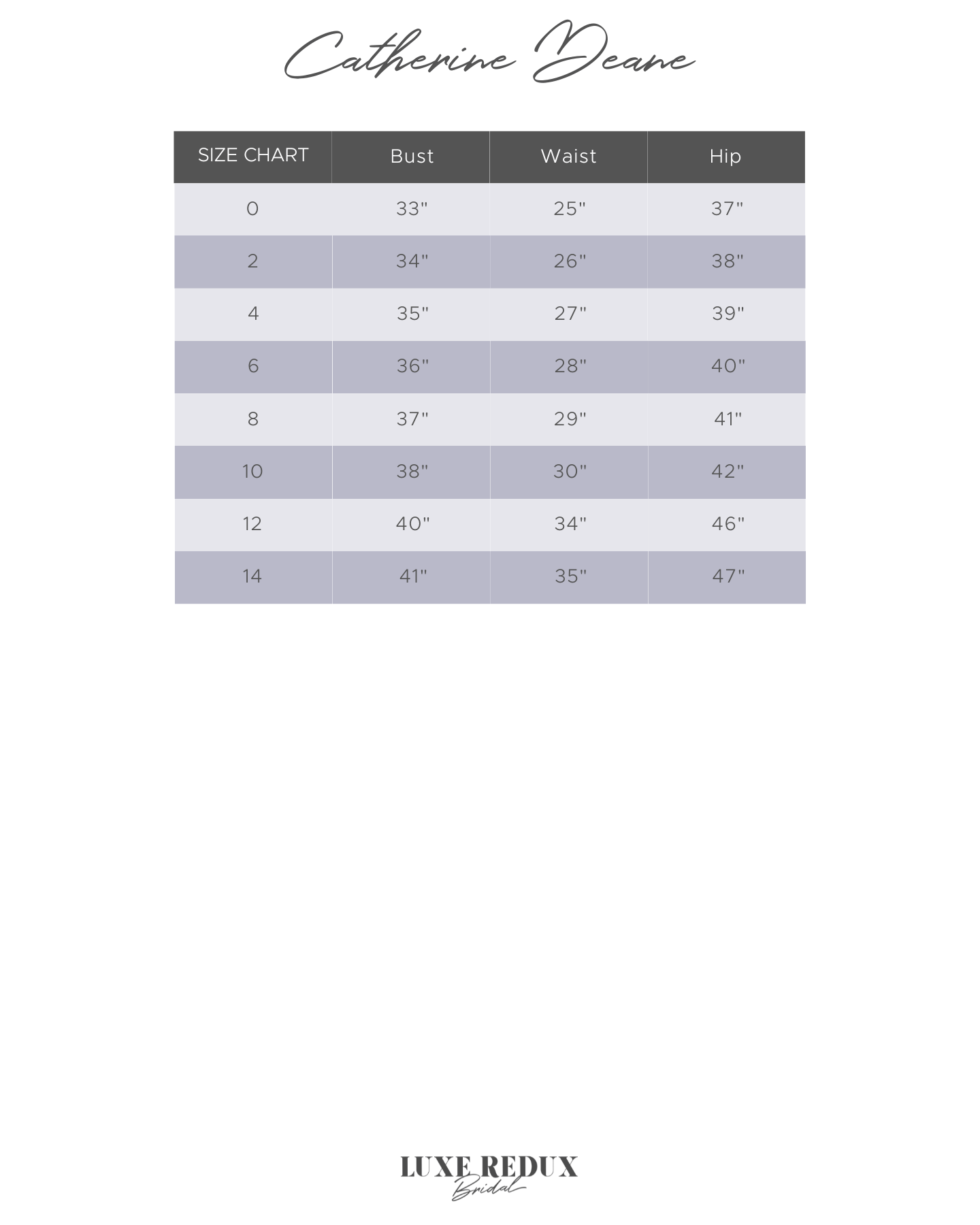 Catherine Deane Sidney - Size 14 Size Chart