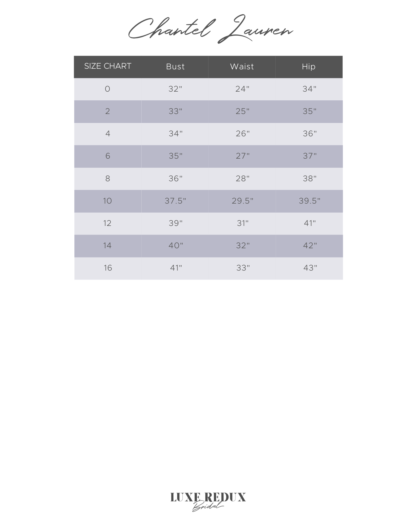 Chantel Lauren Cartwright - Size 16 Size Chart