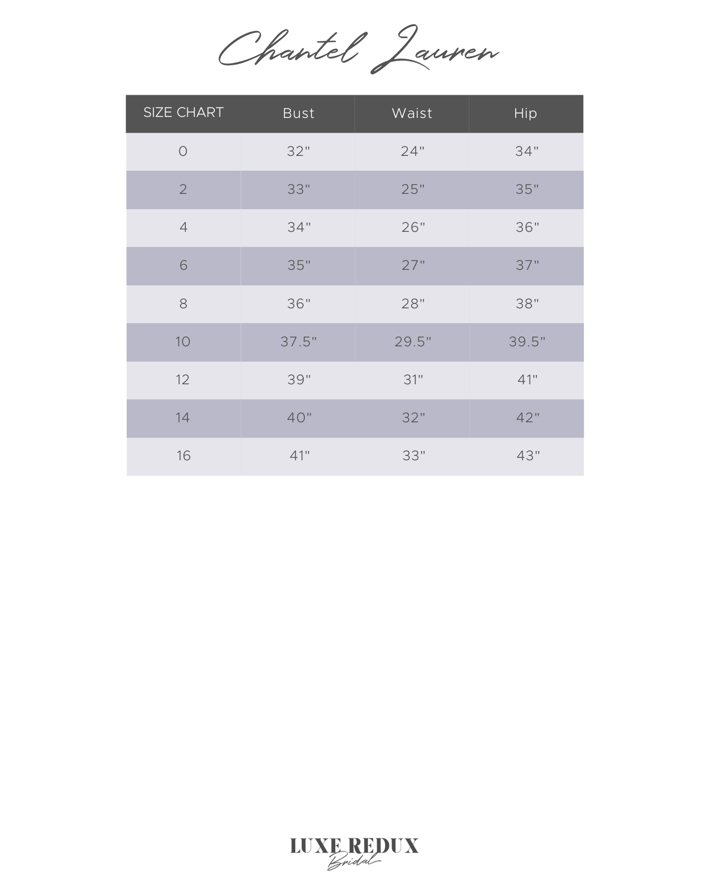 Chantel Lauren Cartwright - Size 16 Size Chart