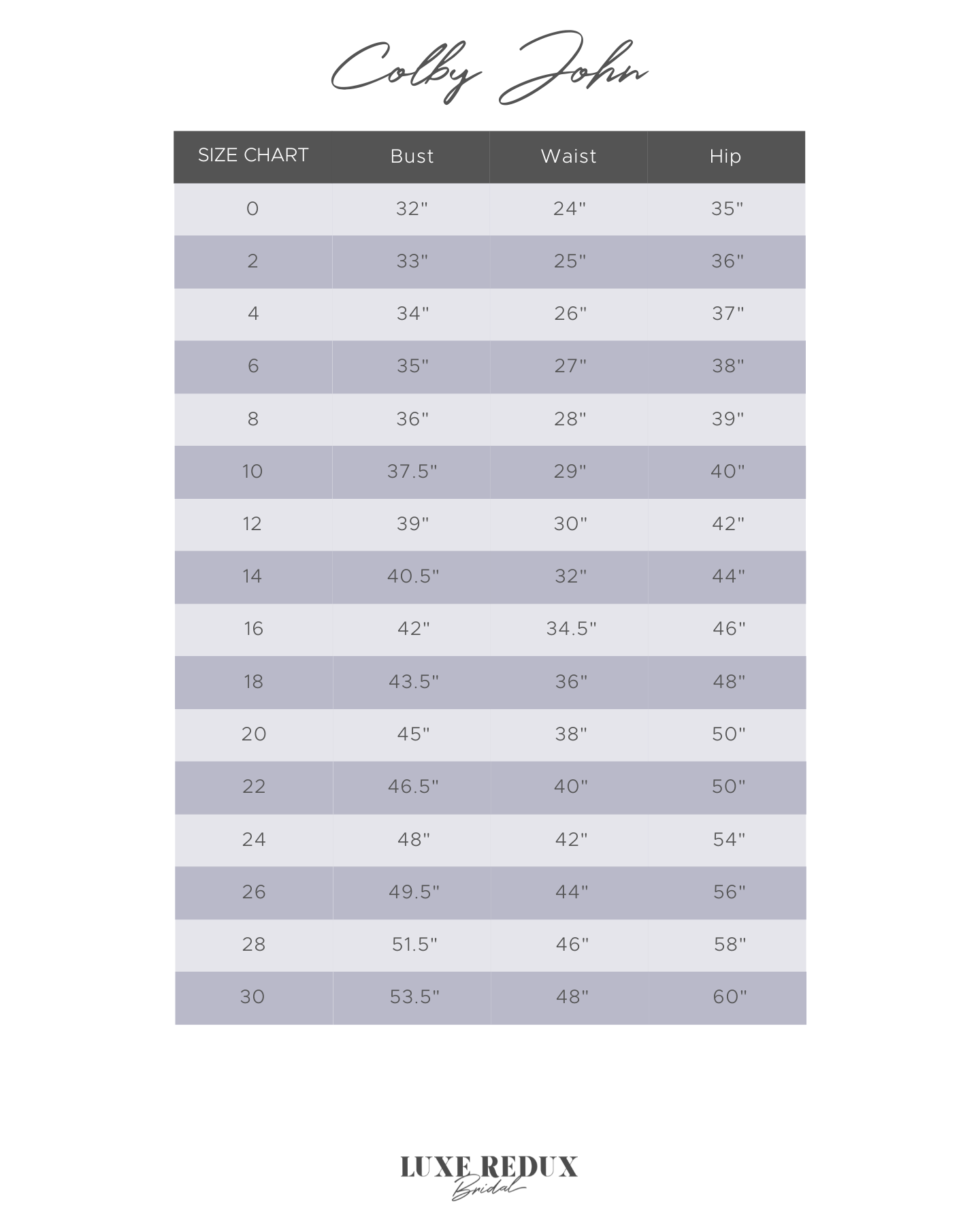 Colby John Whitney - Size 14 Size Chart