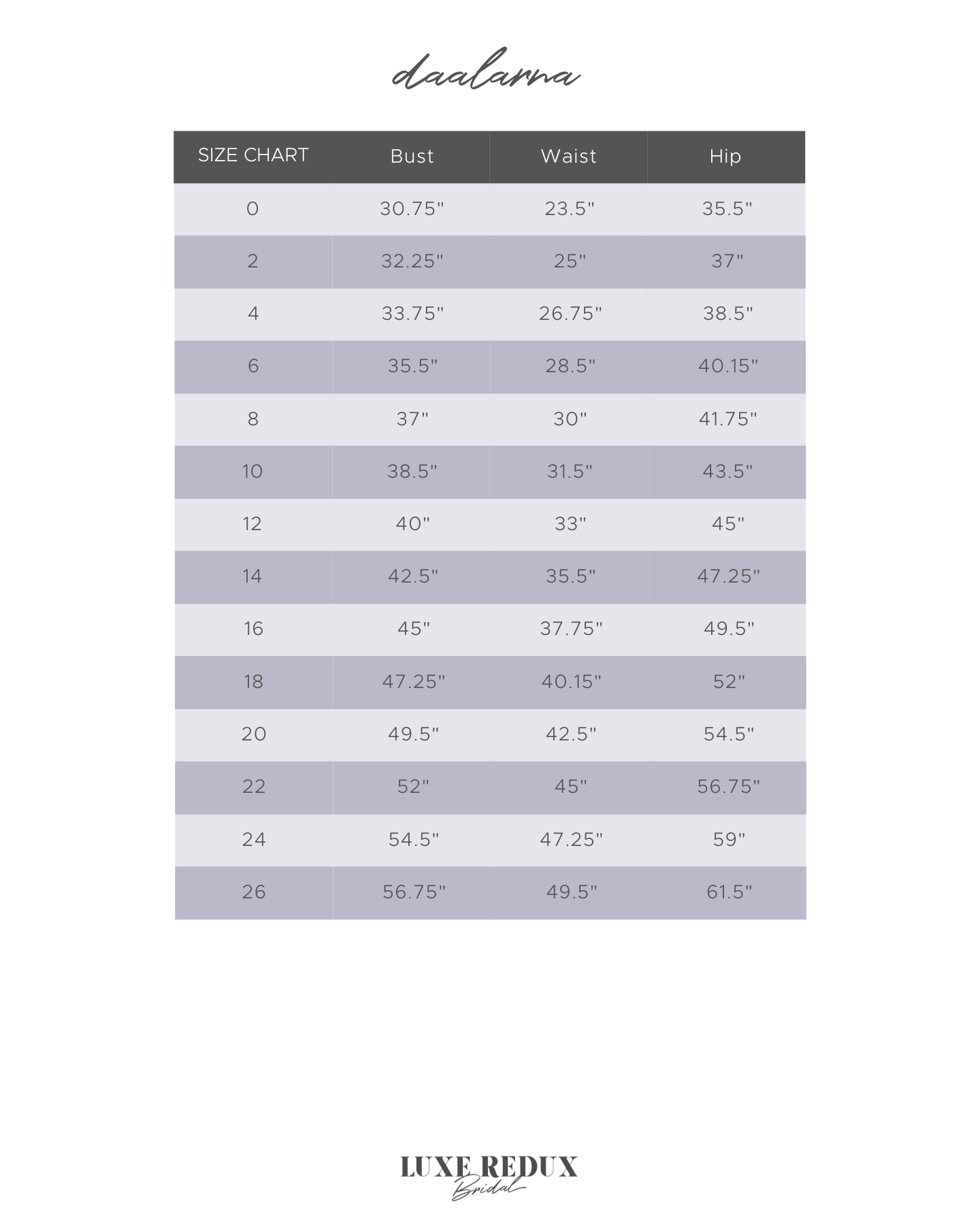 Daalarna BDP 210 - Size 18 Size Chart