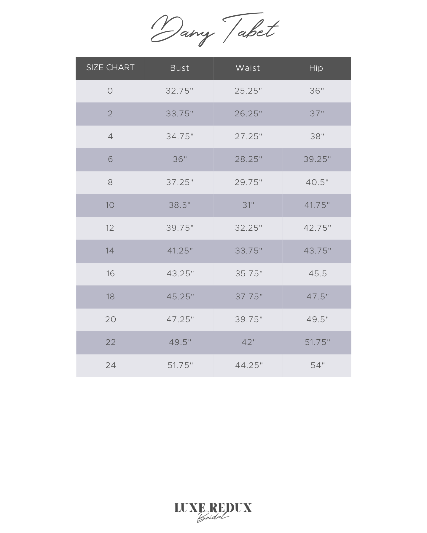 Dany Tabet Landry - Size 16 Size Chart