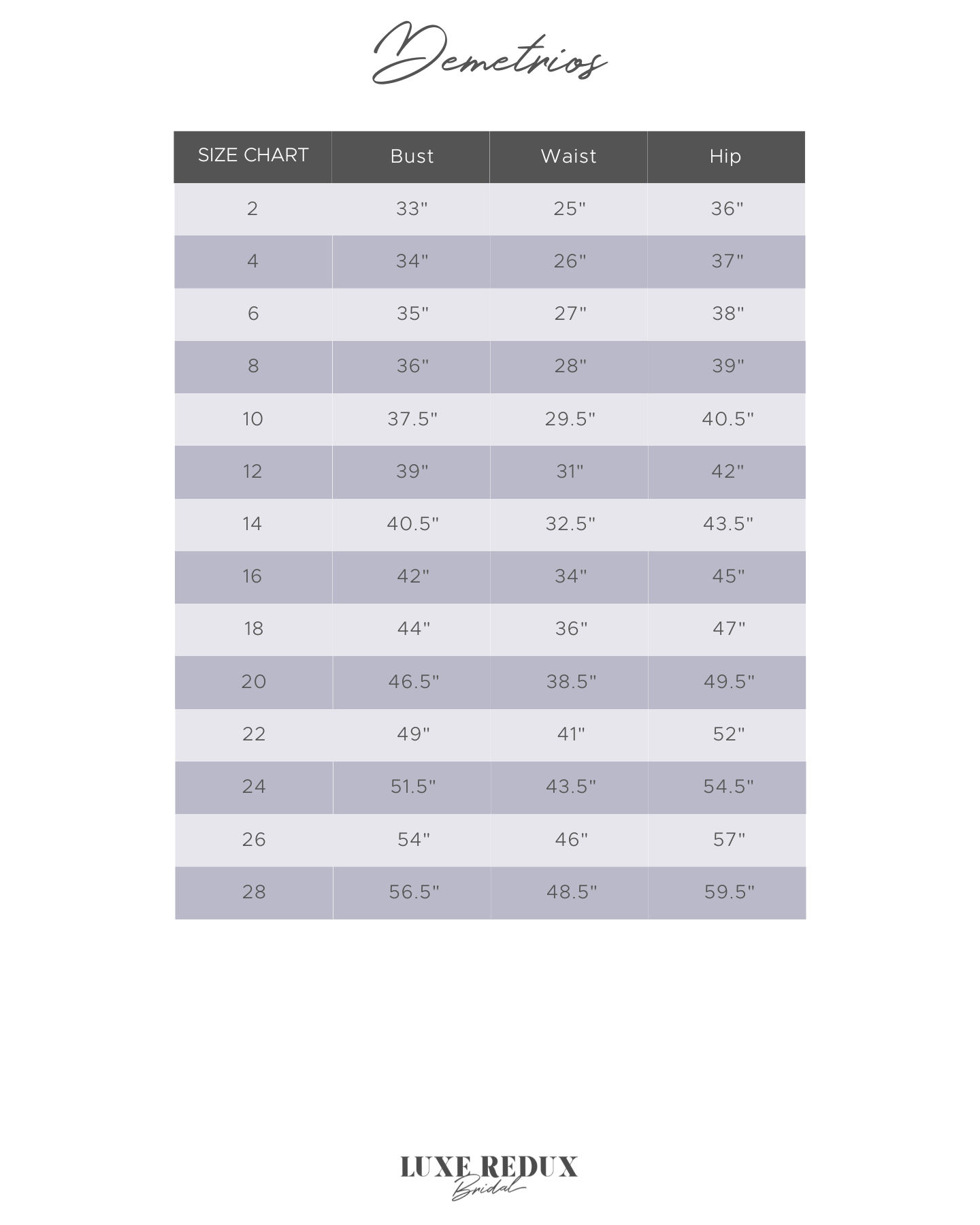 Demetrios 1091 - Size 16 Size Chart