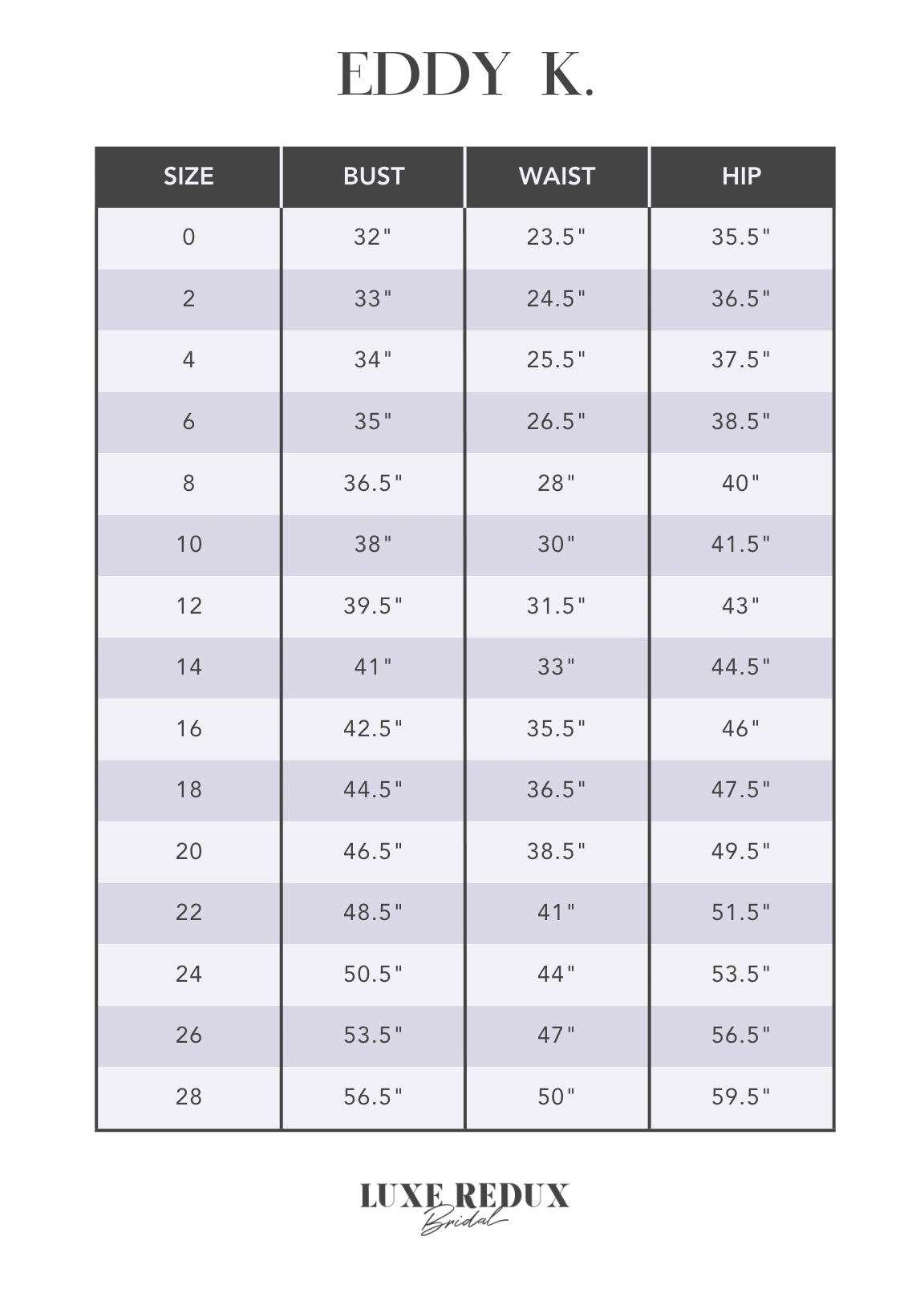 Eddy K. Sheryl - Size 12 Size Chart