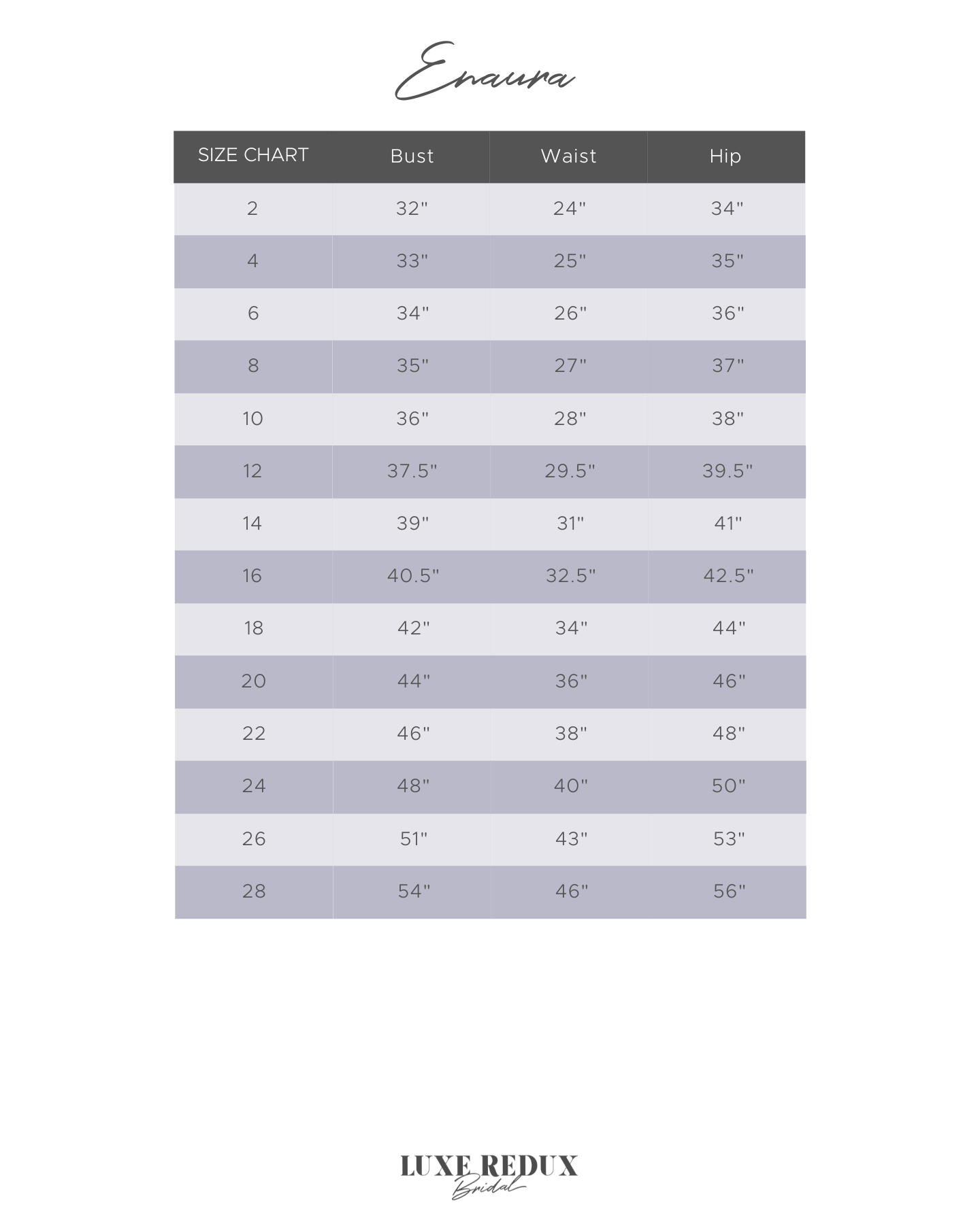 Enaura Aria - Size 12 Size Chart