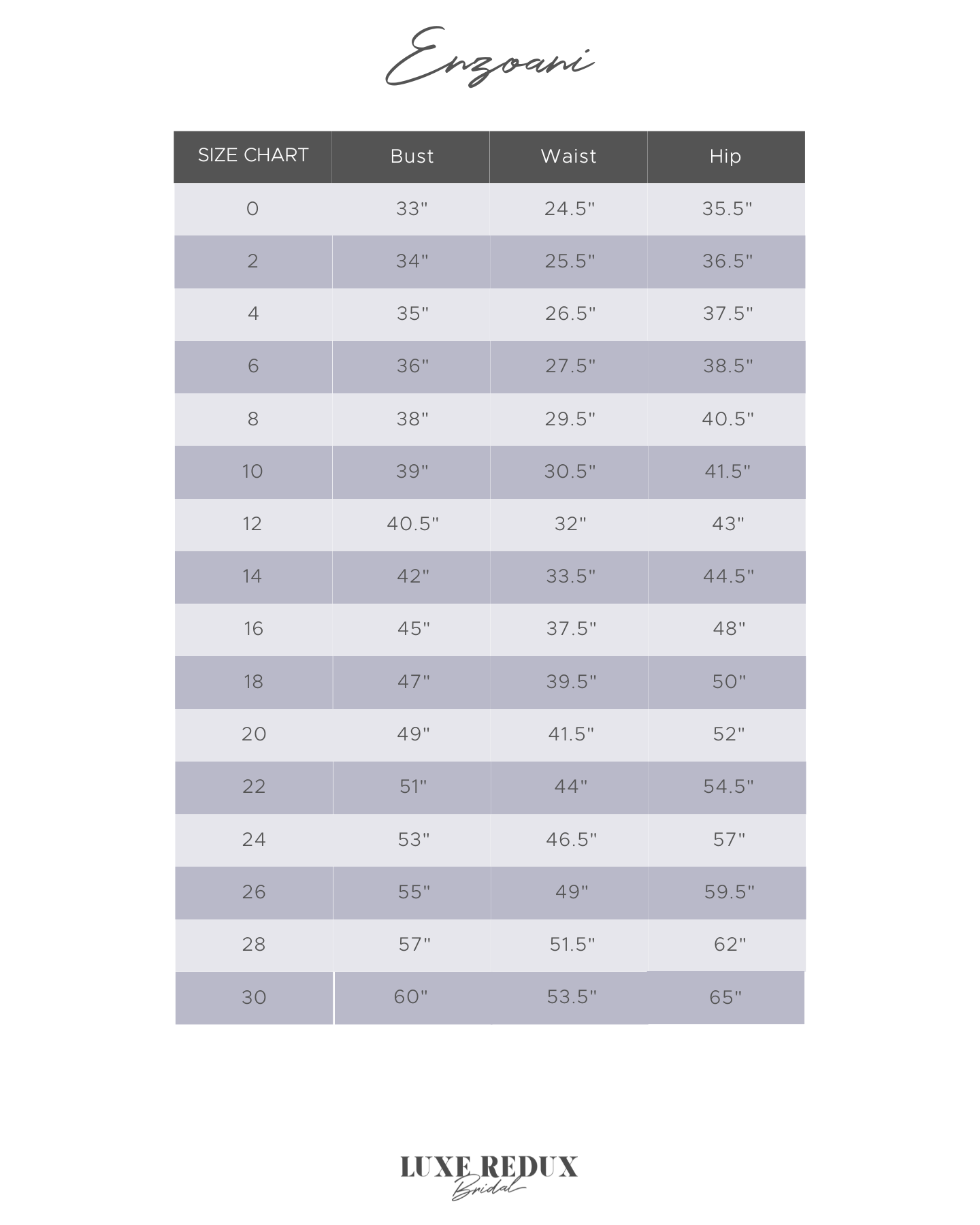 Enzoani Tessa - Size 12 Size Chart