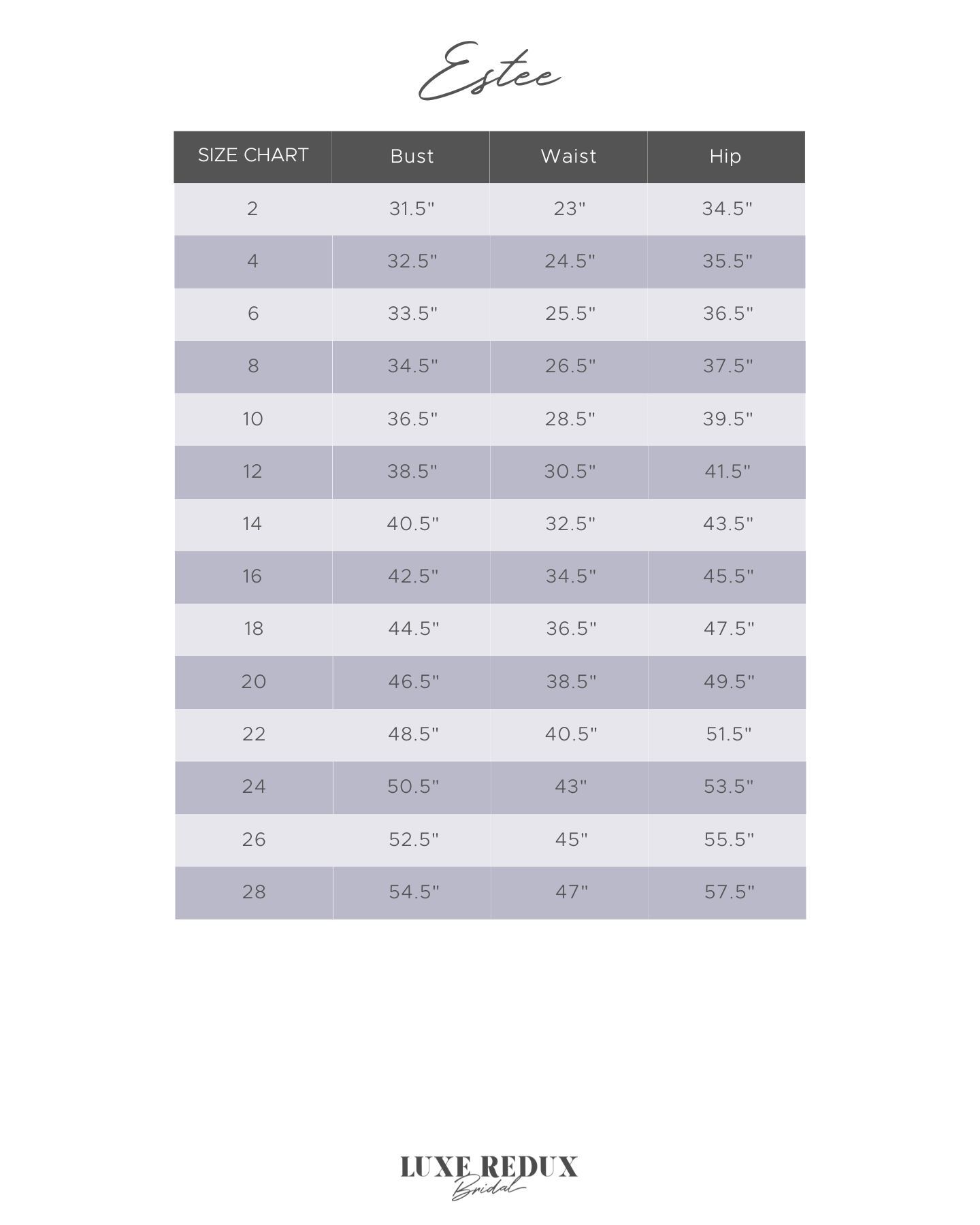 Estee Couture Eva - Size 4 Size Chart