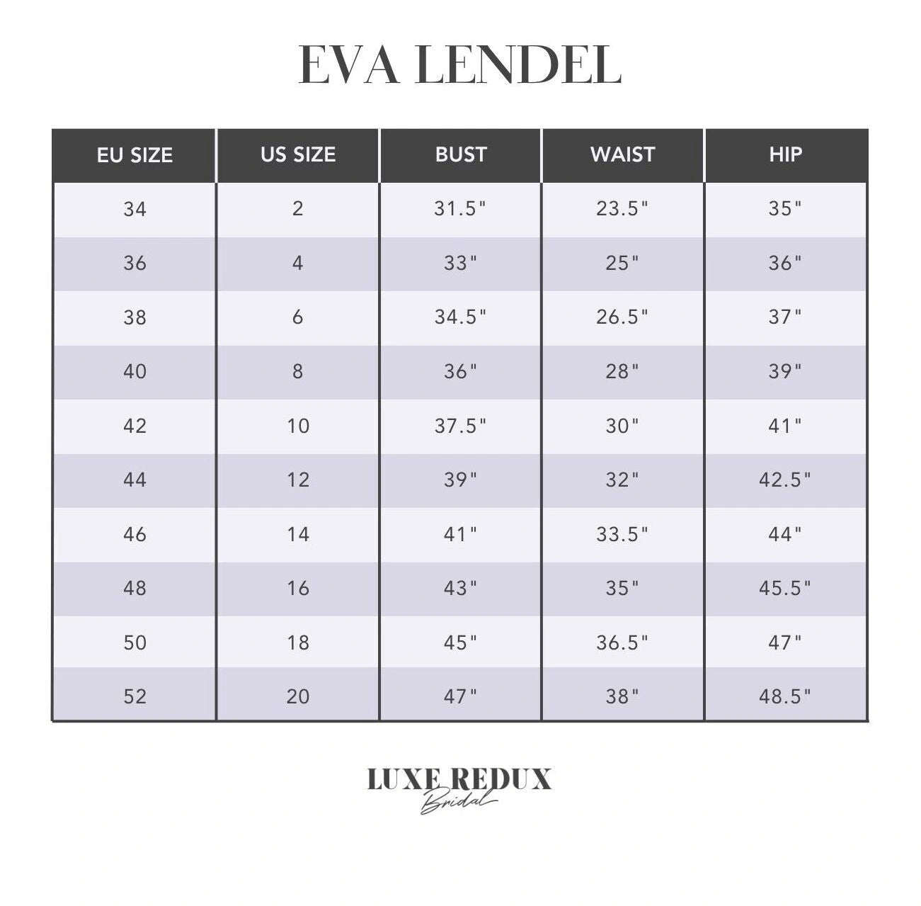 Eva Lendel Astoria - Size 14 Size Chart