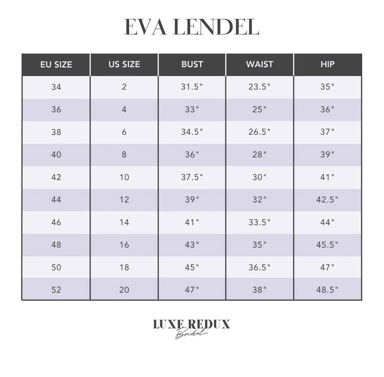 Eva Lendel Tasca - Size 10 Size Chart