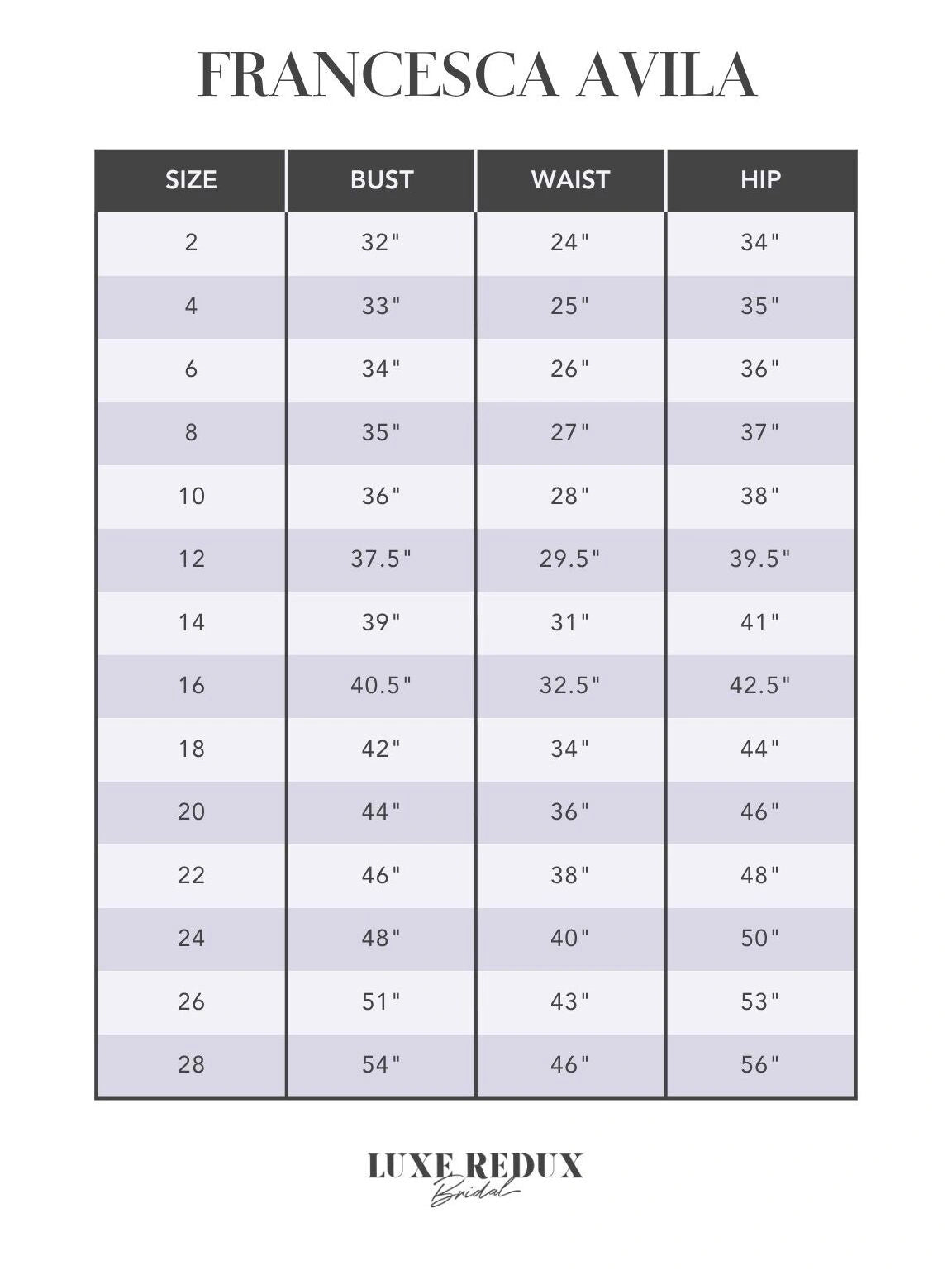 Blush By Francesca Avila Justyne - Size 10 Size Chart