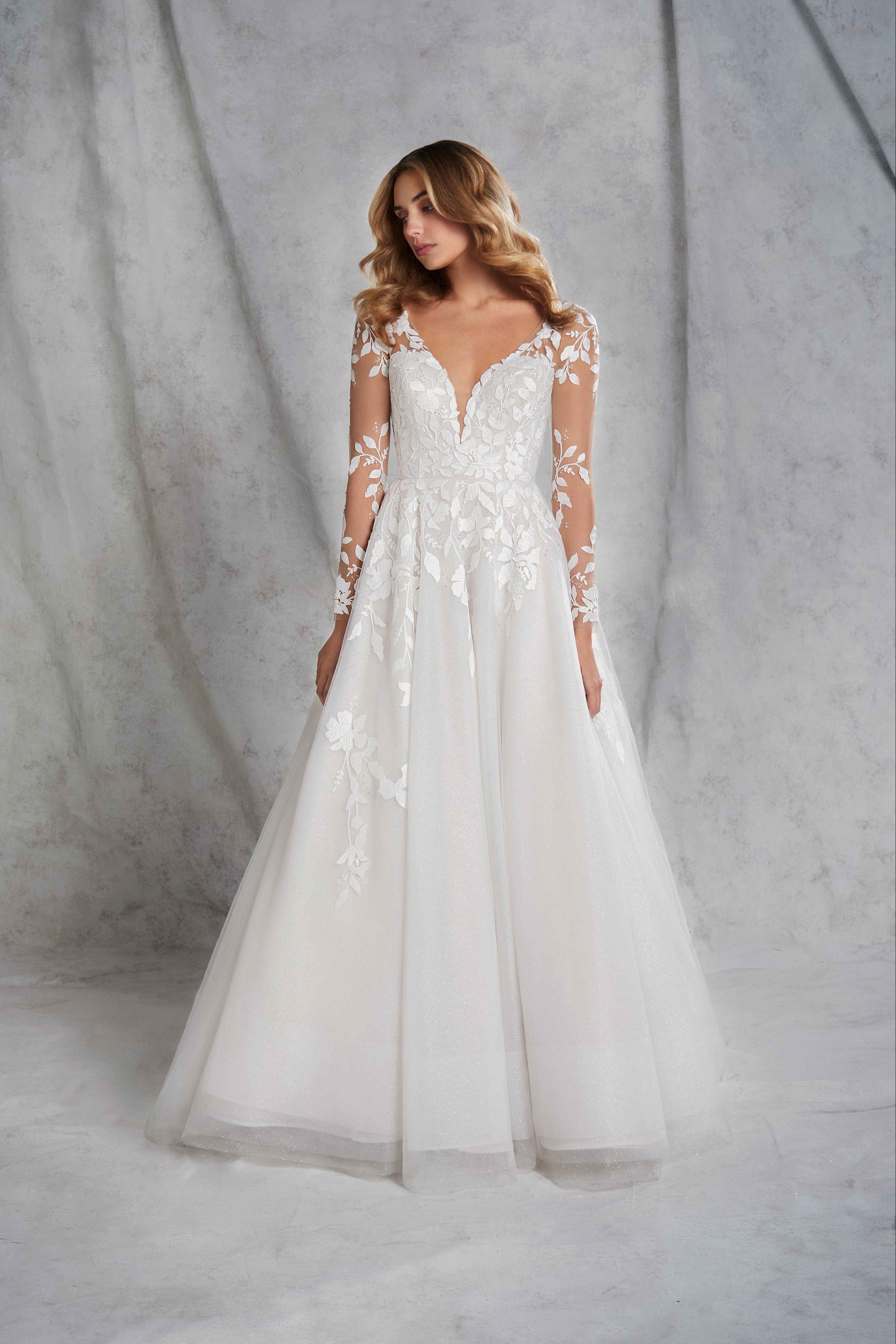 Hayley Paige Bridget Wedding Dress – Tulle A-line Bridal Gown with V Neckline, Long Sleeves, and Leafy Floral Accents – Size 6 – Luxe Redux Bridal