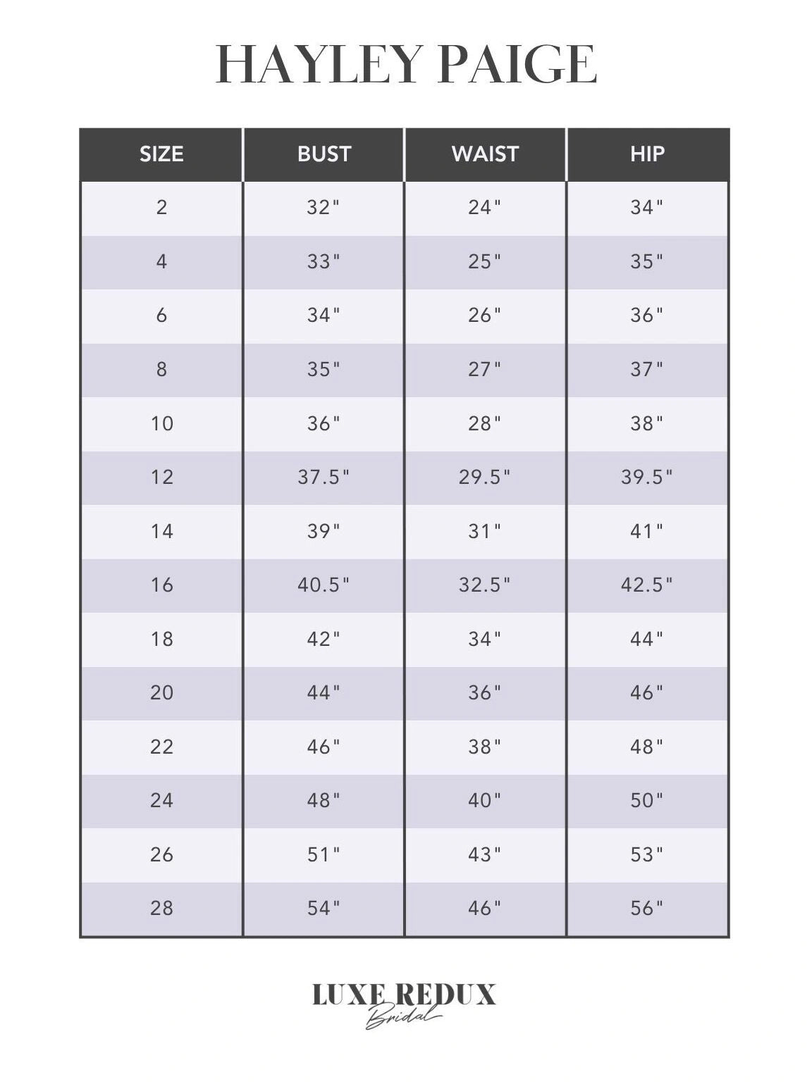 Hayley Paige Lauren - Size 12 Size Chart