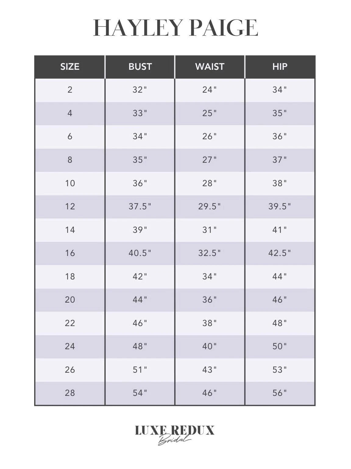 Blush by Hayley Paige West - Size 20 Size Chart