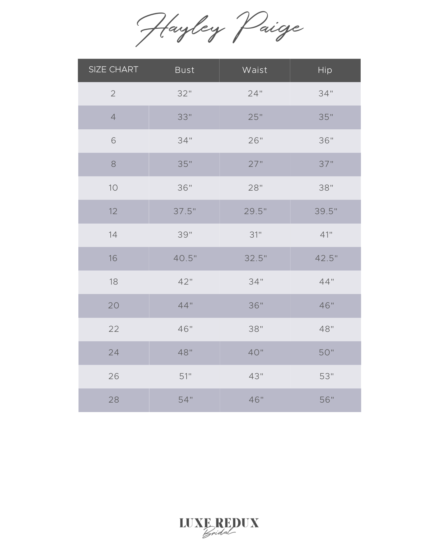 Hayley Paige Bridget - Size 6 Size Chart
