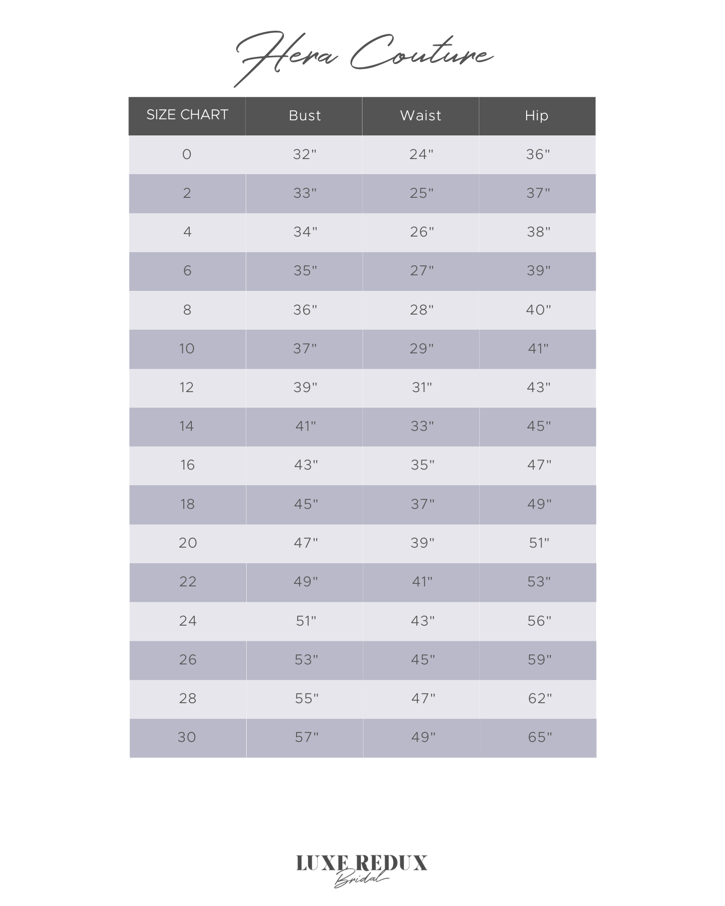 Hera Couture Caressa - Size 8 Size Chart