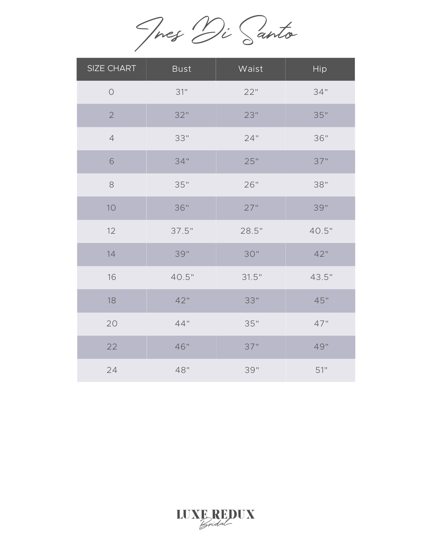 Ines Di Santo Ostinato Custom - Size 14 Size Chart