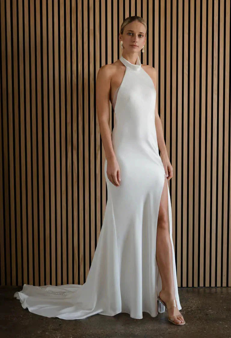 Jenny by Jenny Yoo Harlyn Wedding Dress  Satin Sheath Bridal Gown with Halter Neckline and Slit in Skirt  Size 8  Luxe Redux Bridal