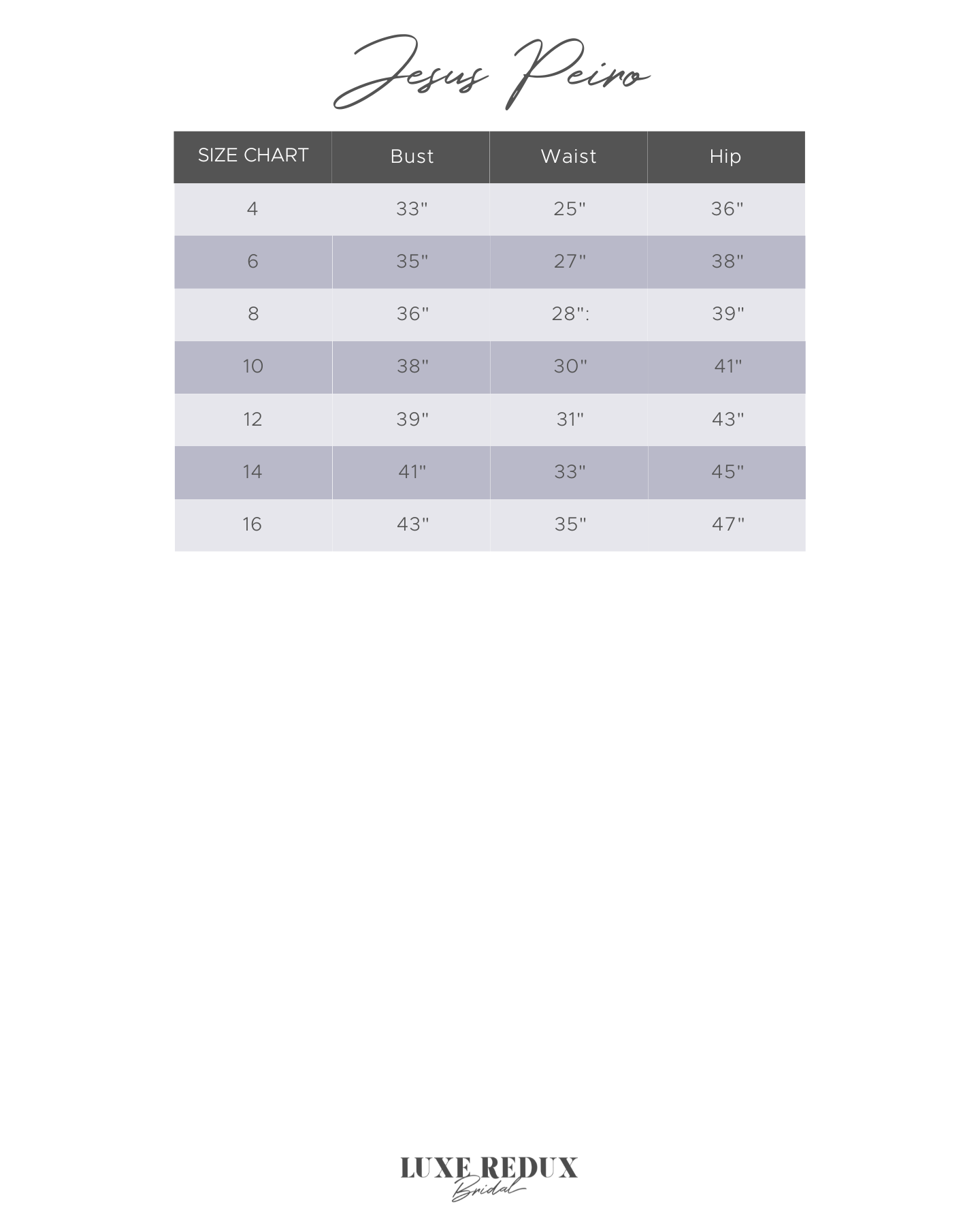 Jesus Peiro 2312 - Size 12 Size Chart