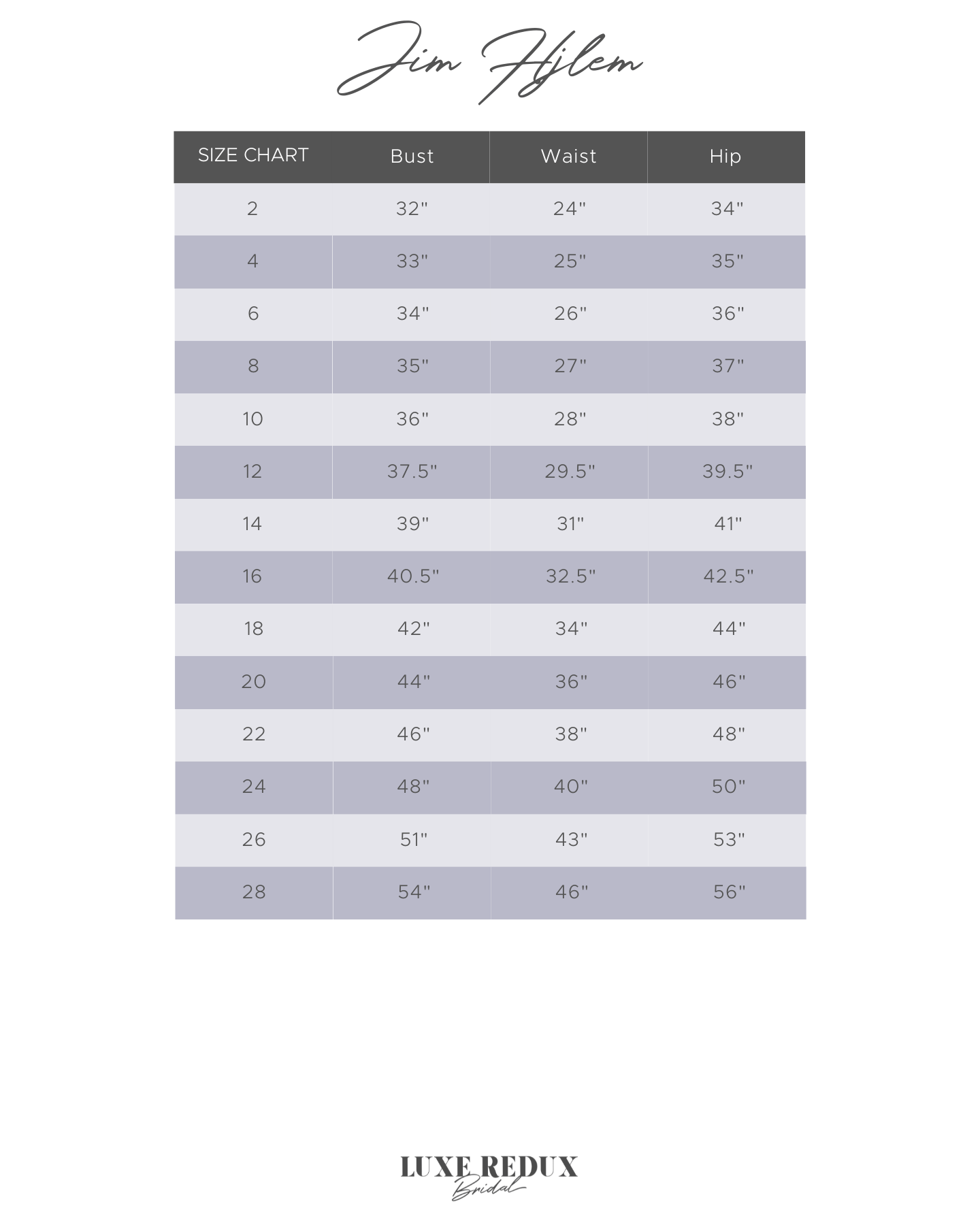 Jim Hjelm 8601 - Size 12 Size Chart