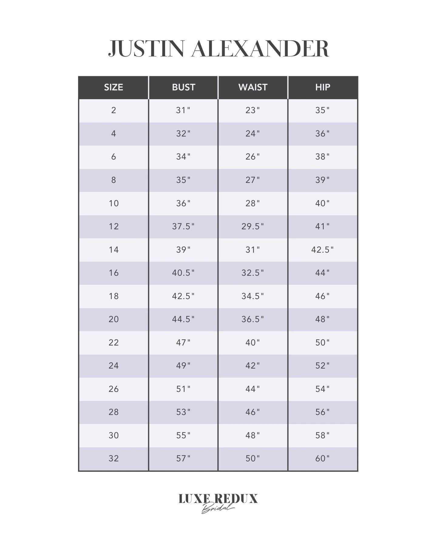 Justin Alexander 99198 - Size 16 Size Chart