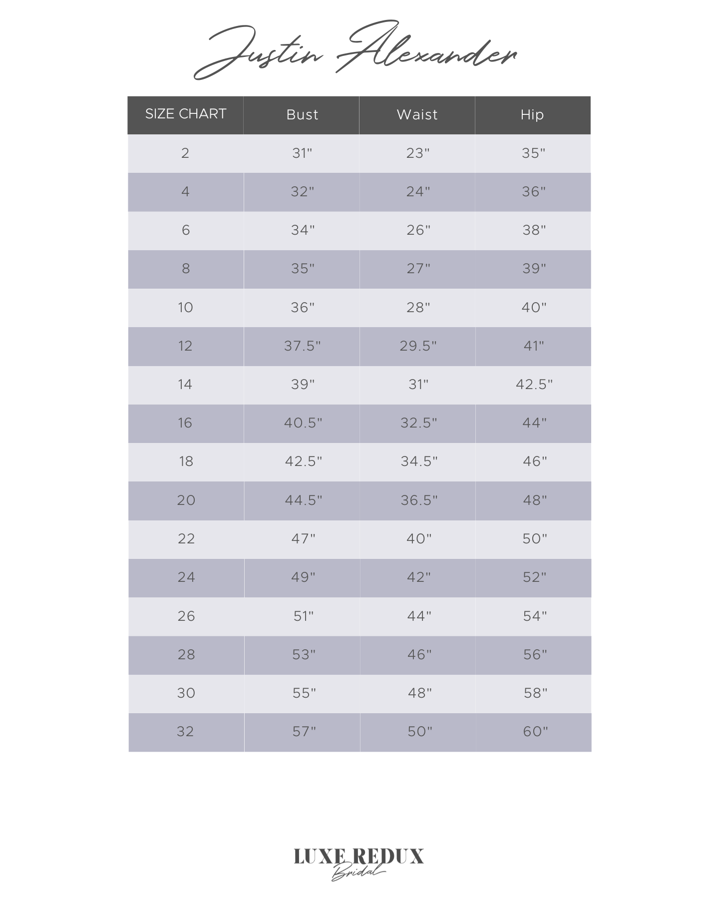 Justin Alexander 99176 - Size 12 Size Chart