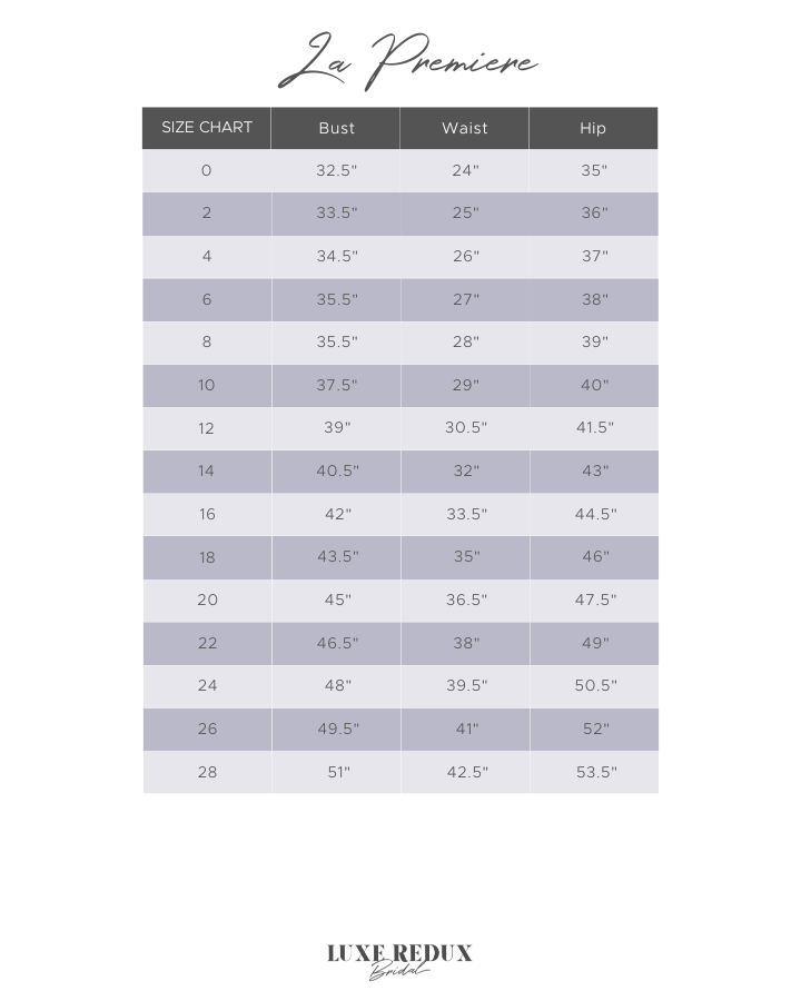 La Premiere Madrid - Size 12 Size Chart