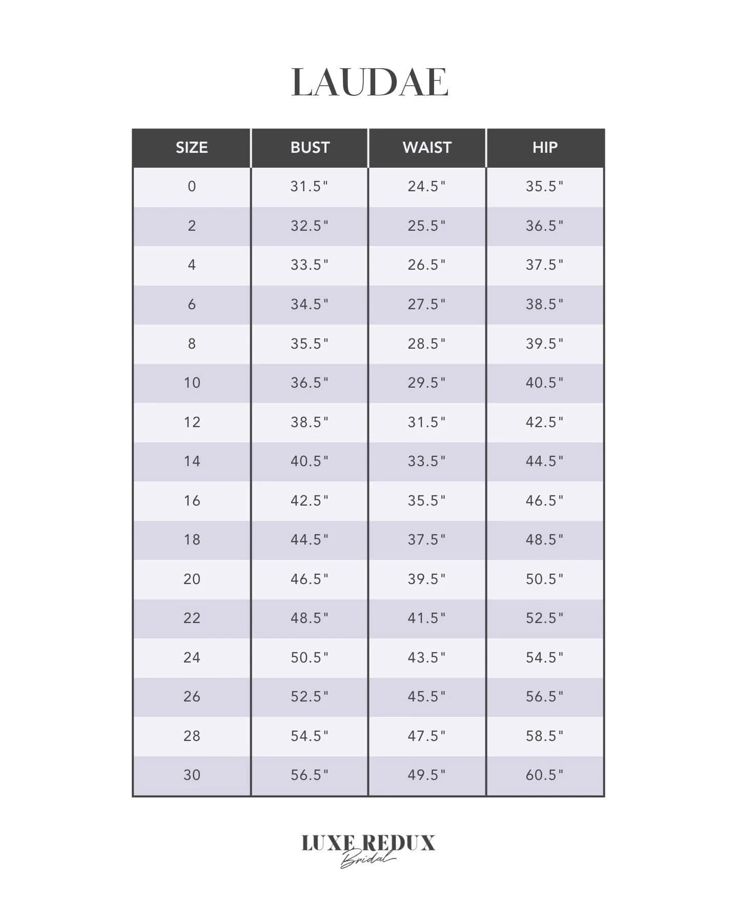 Laudae Manhattan + Overskirt - Size 16 Size Chart