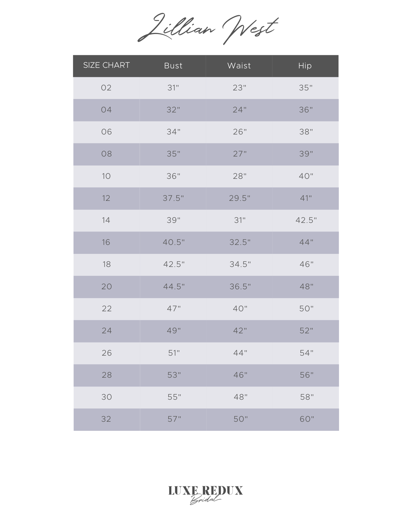 Lillian West 66282 - Size 10 Size Chart