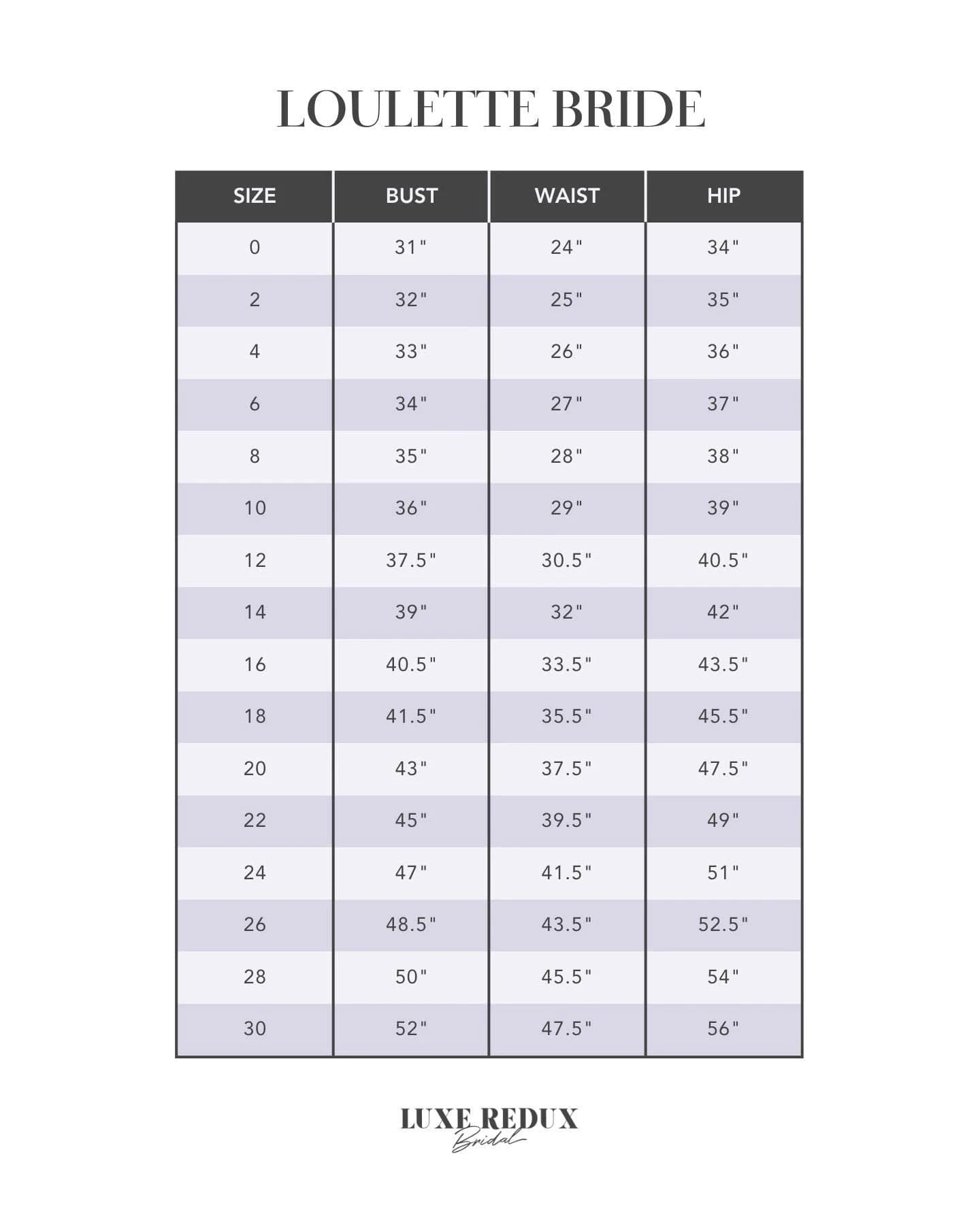 Loulette Bride Sanaa - Size 24 Size Chart