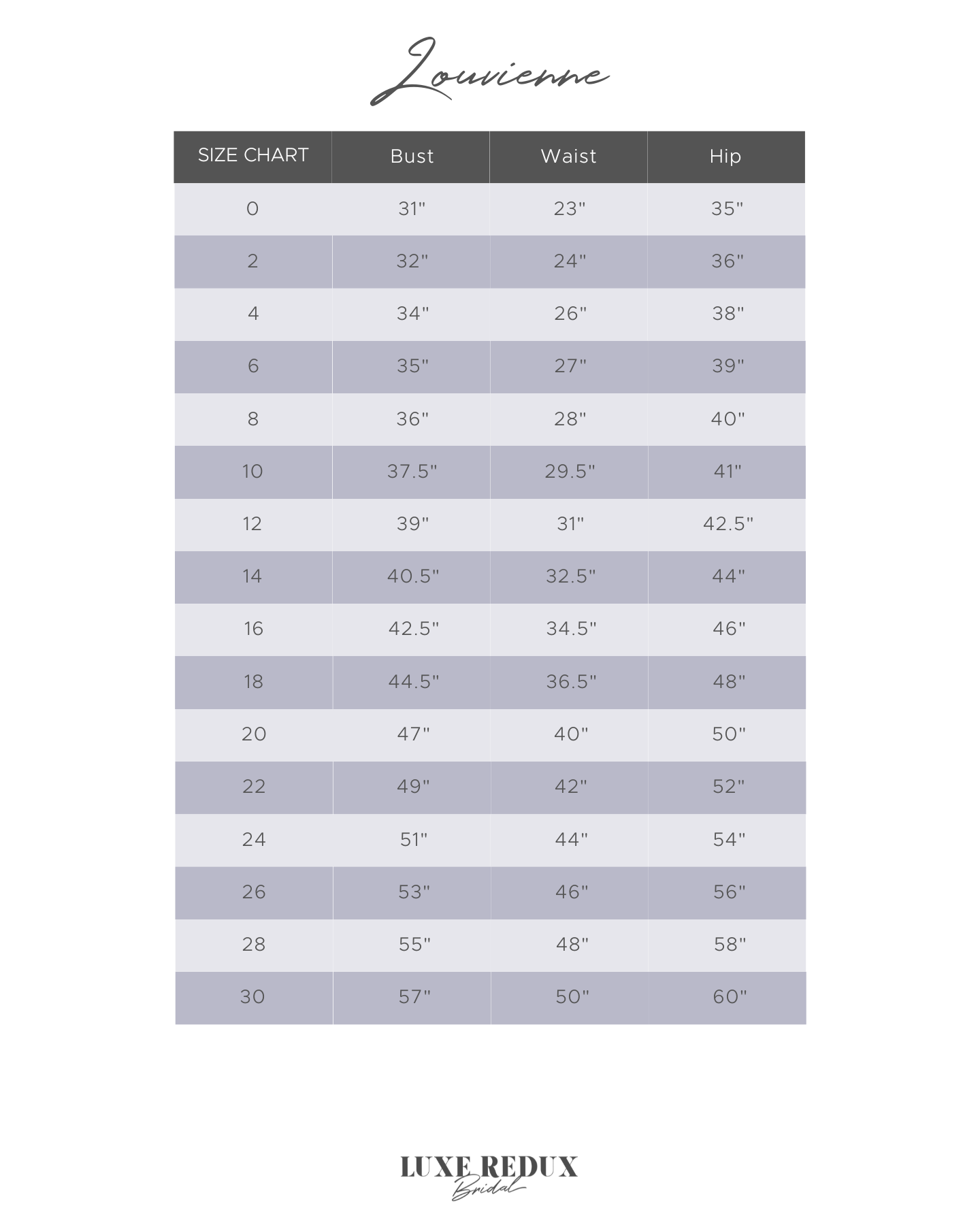 Louvienne Ayana - Size 10 Size Chart