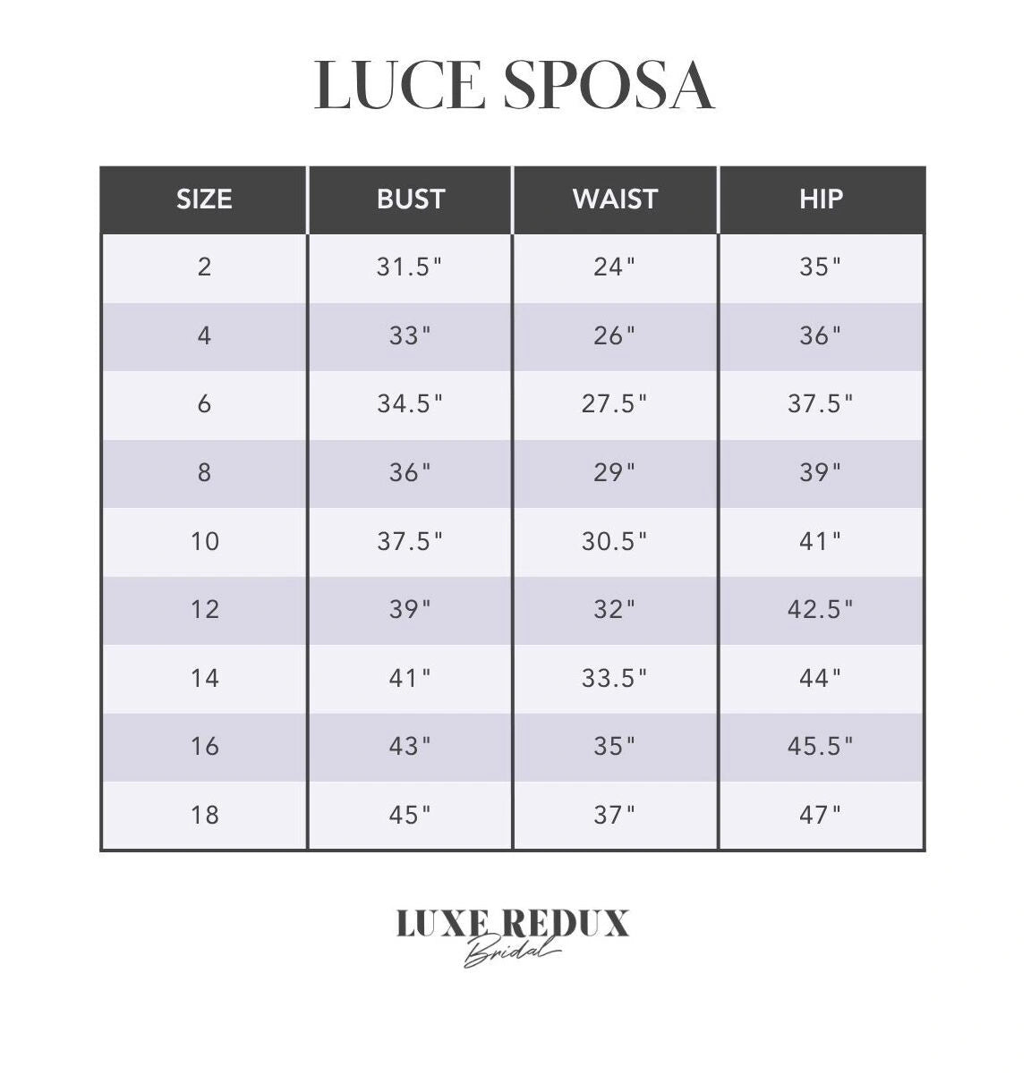Luce Sposa Cindy - Size 10 Size Chart