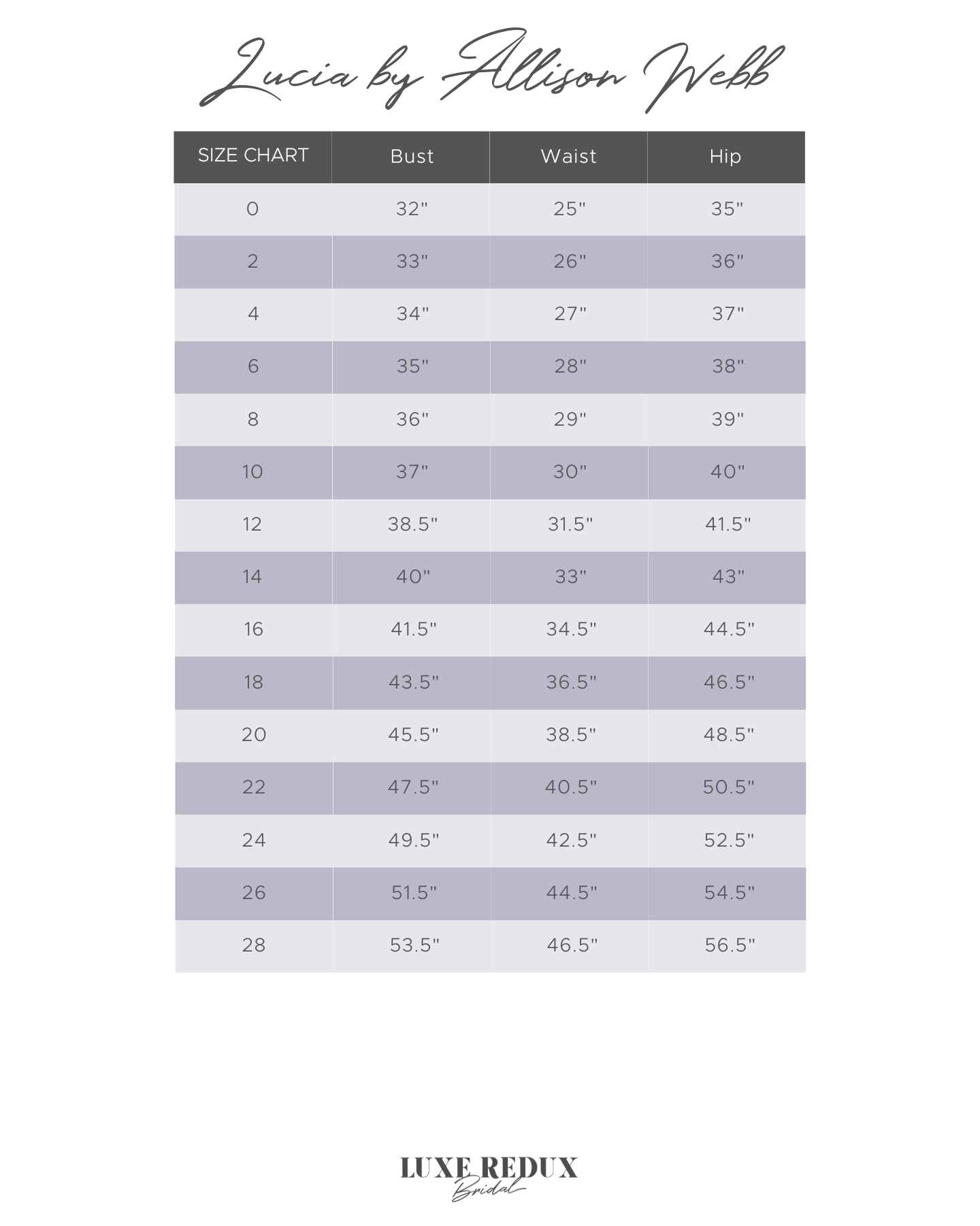 Lucia by Allison Webb Aurelie - Size 10 Size Chart
